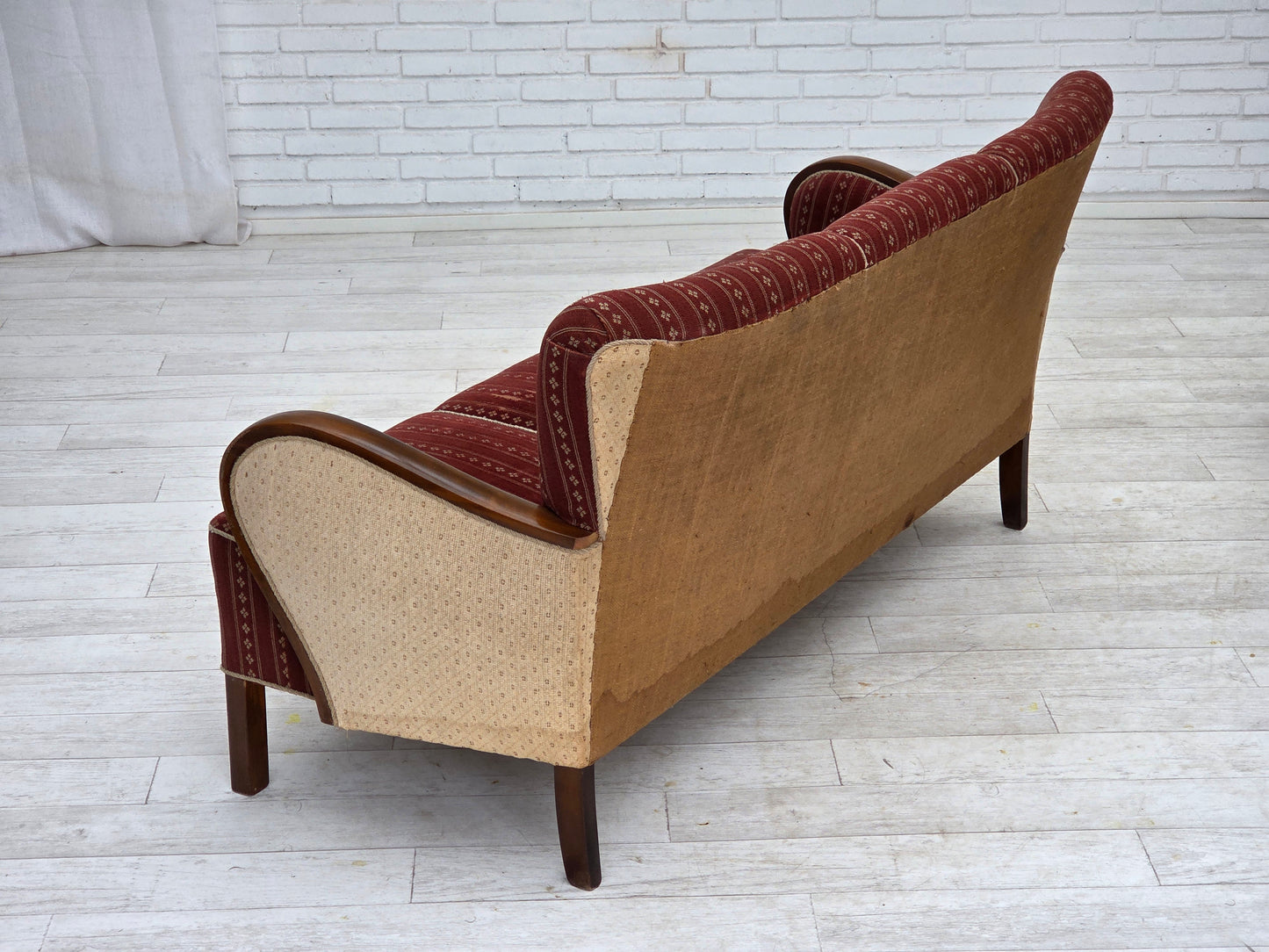 1960s, Danish 3-seater sofa, red furniture wool, beech wood.