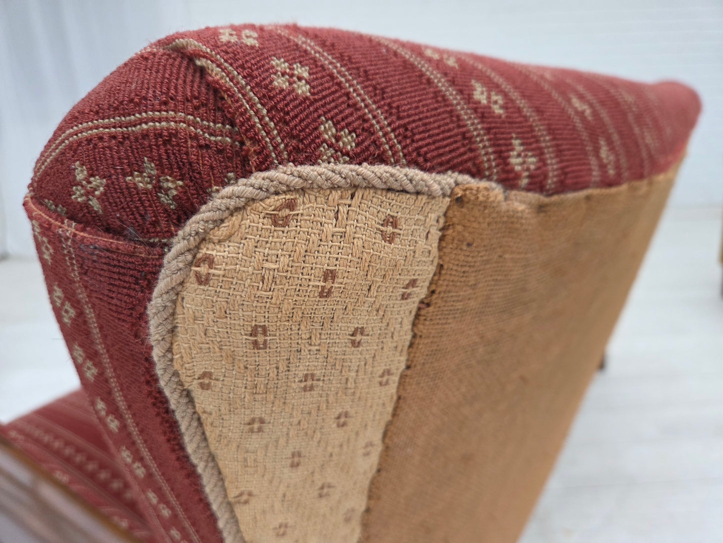 1960s, Danish 3-seater sofa, red furniture wool, beech wood.