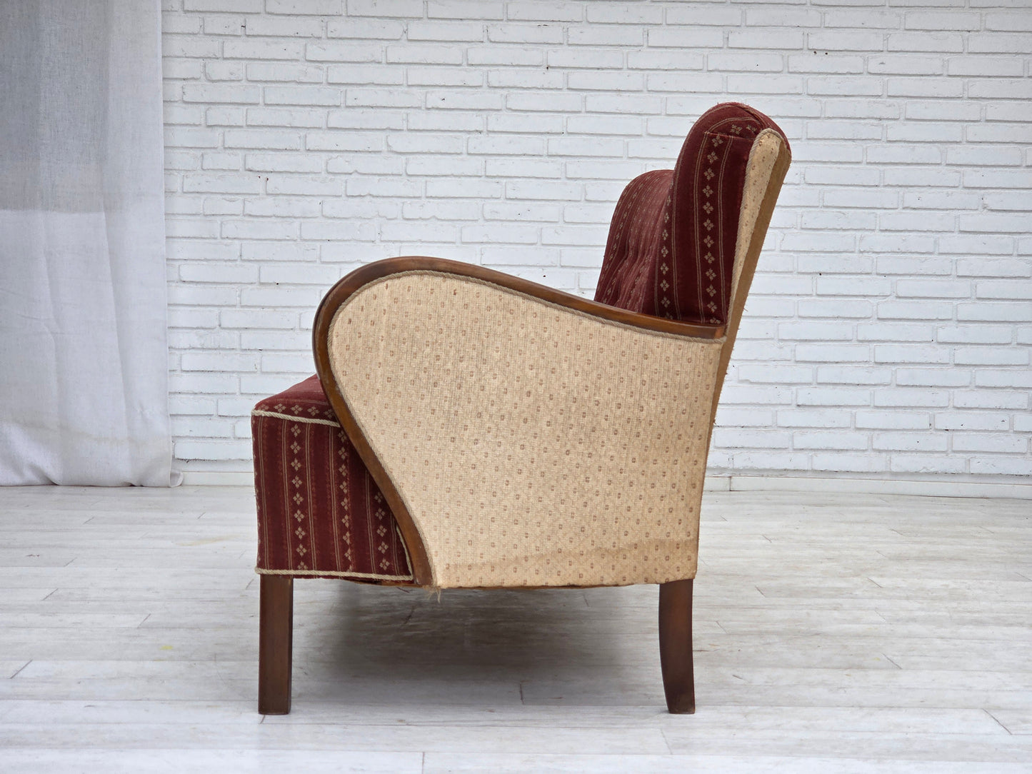 1960s, Danish 3-seater sofa, red furniture wool, beech wood.