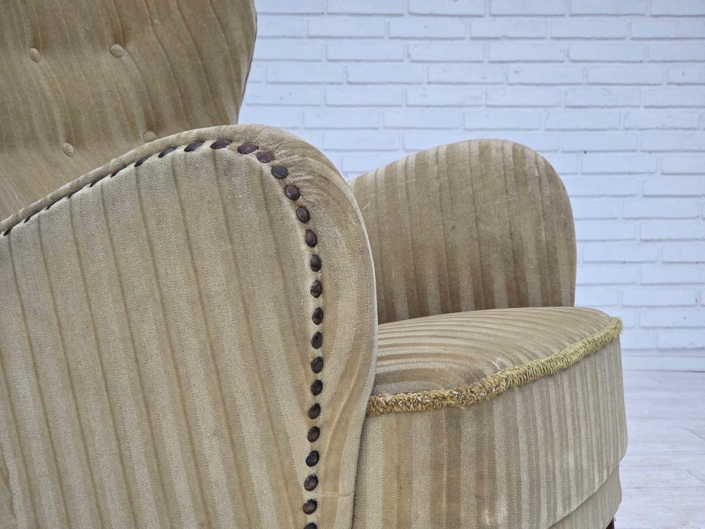 1960s, Danish armchair, light green furniture velour, beech wood.