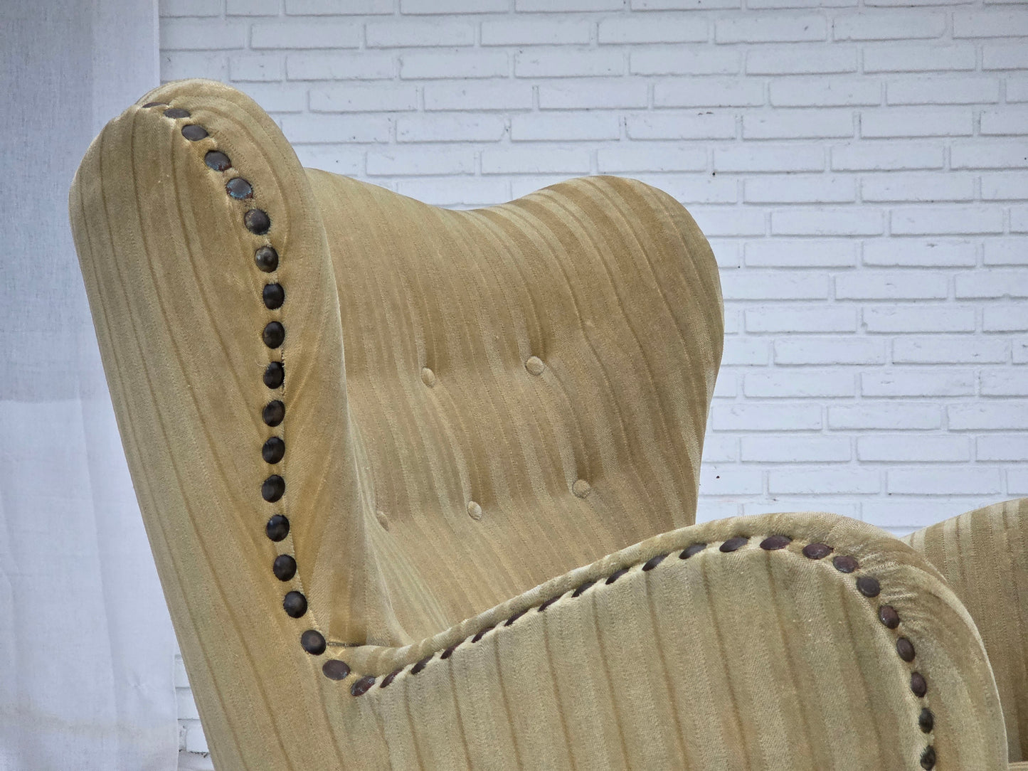 1960s, Danish armchair, light green furniture velour, beech wood.