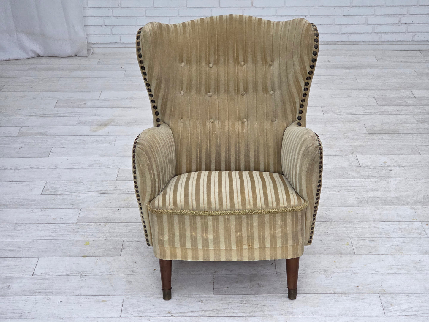 1960s, Danish armchair, light green furniture velour, beech wood.