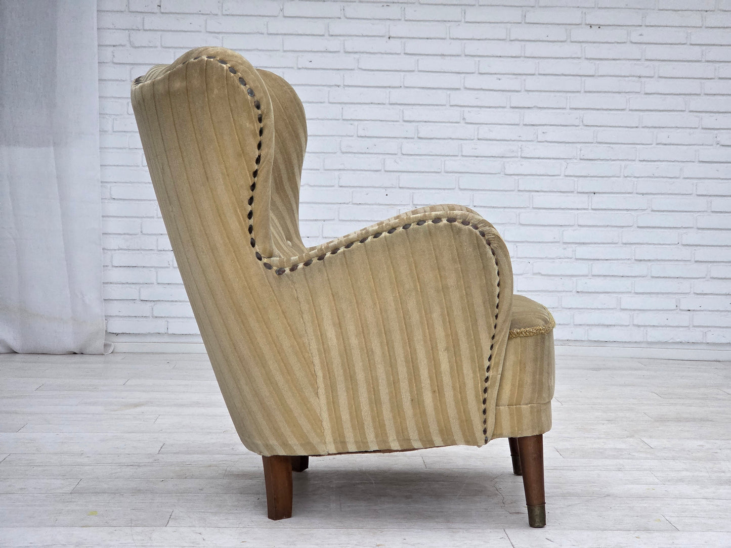 1960s, Danish armchair, light green furniture velour, beech wood.
