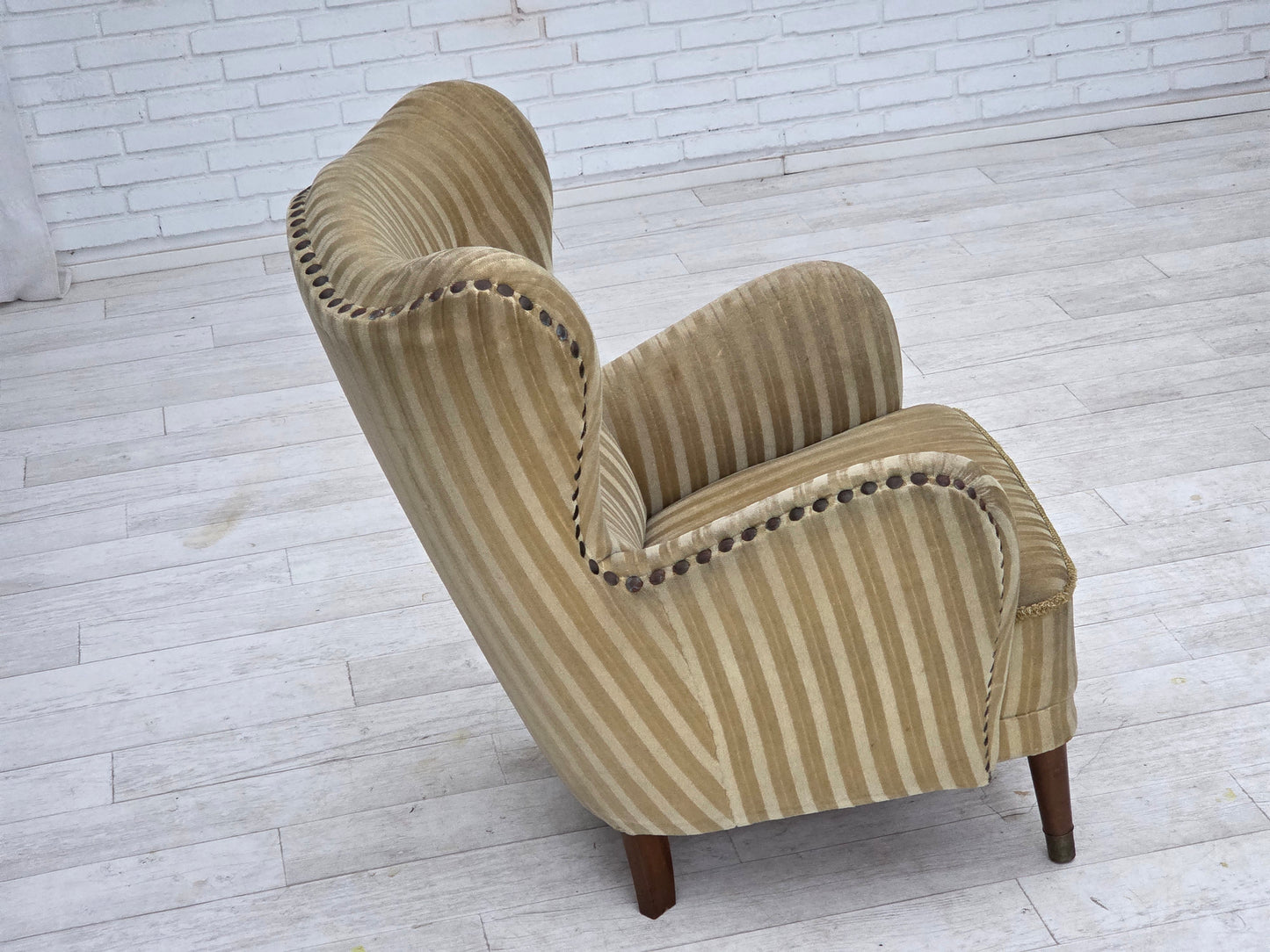 1960s, Danish armchair, light green furniture velour, beech wood.