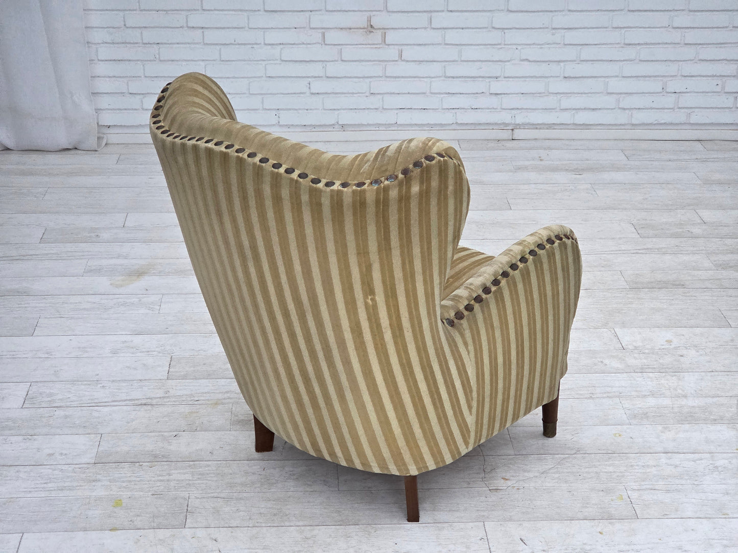 1960s, Danish armchair, light green furniture velour, beech wood.