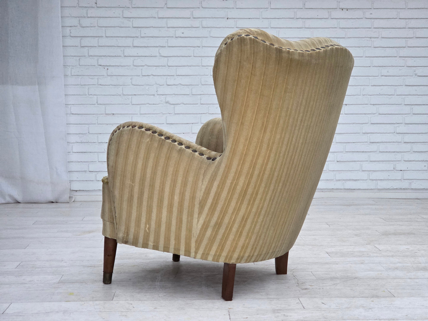 1960s, Danish armchair, light green furniture velour, beech wood.