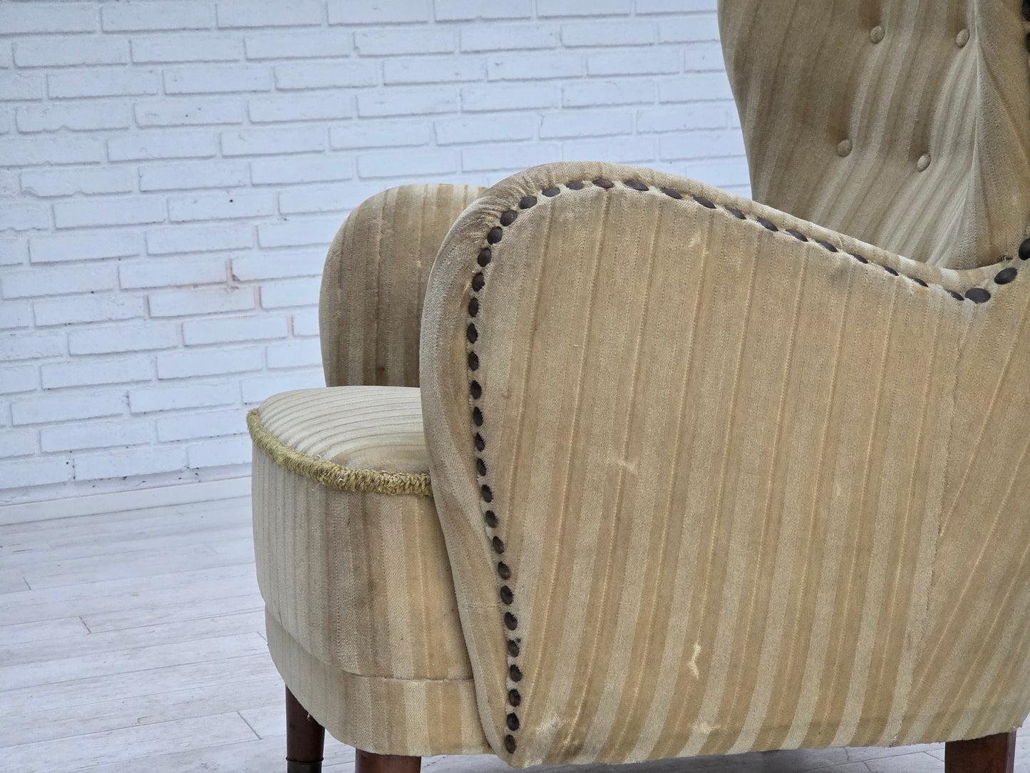 1960s, Danish armchair, light green furniture velour, beech wood.