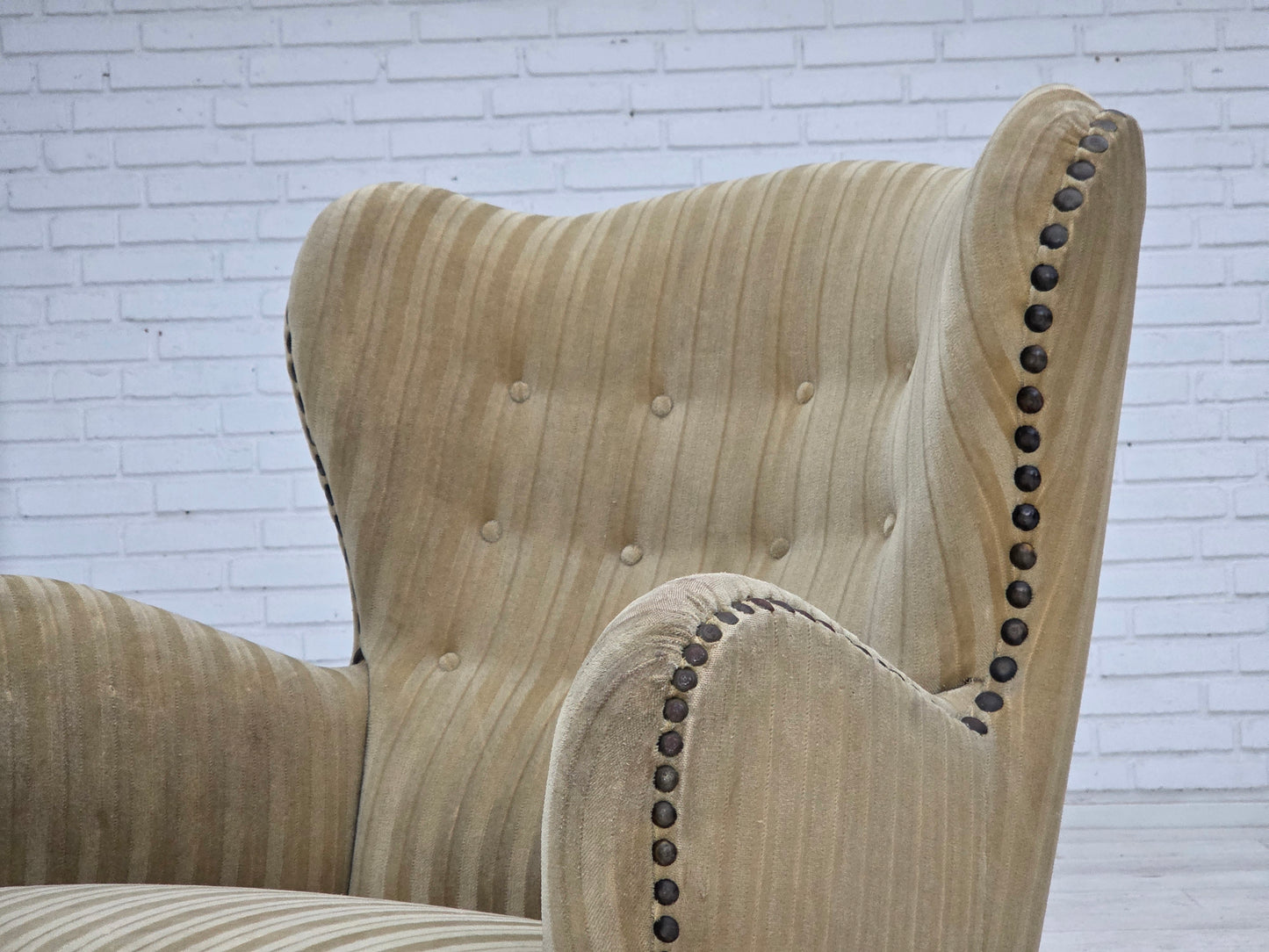 1960s, Danish armchair, light green furniture velour, beech wood.