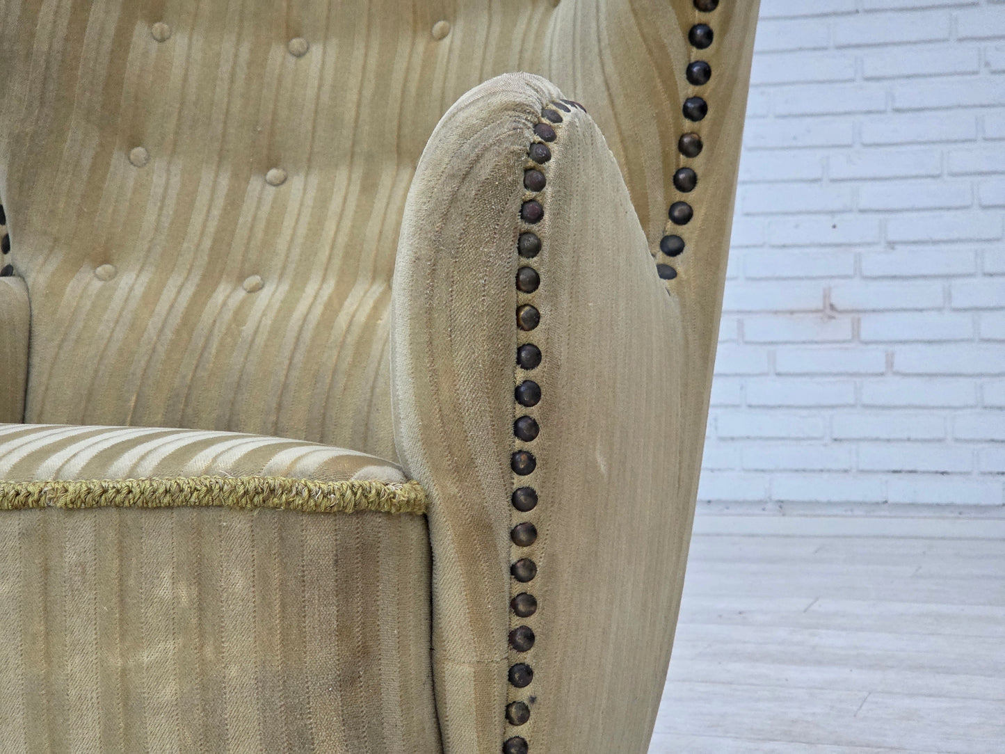 1960s, Danish armchair, light green furniture velour, beech wood.