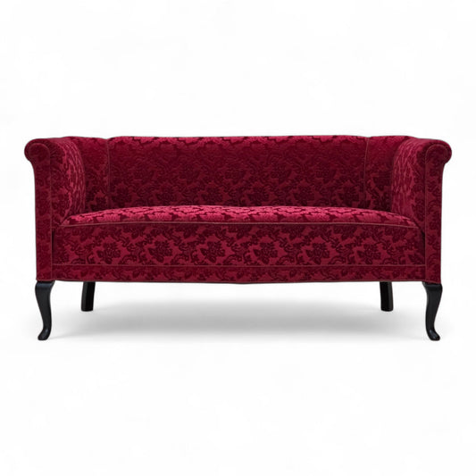 1950s, Danish 2-seater sofa, cherry-red furniture velour.