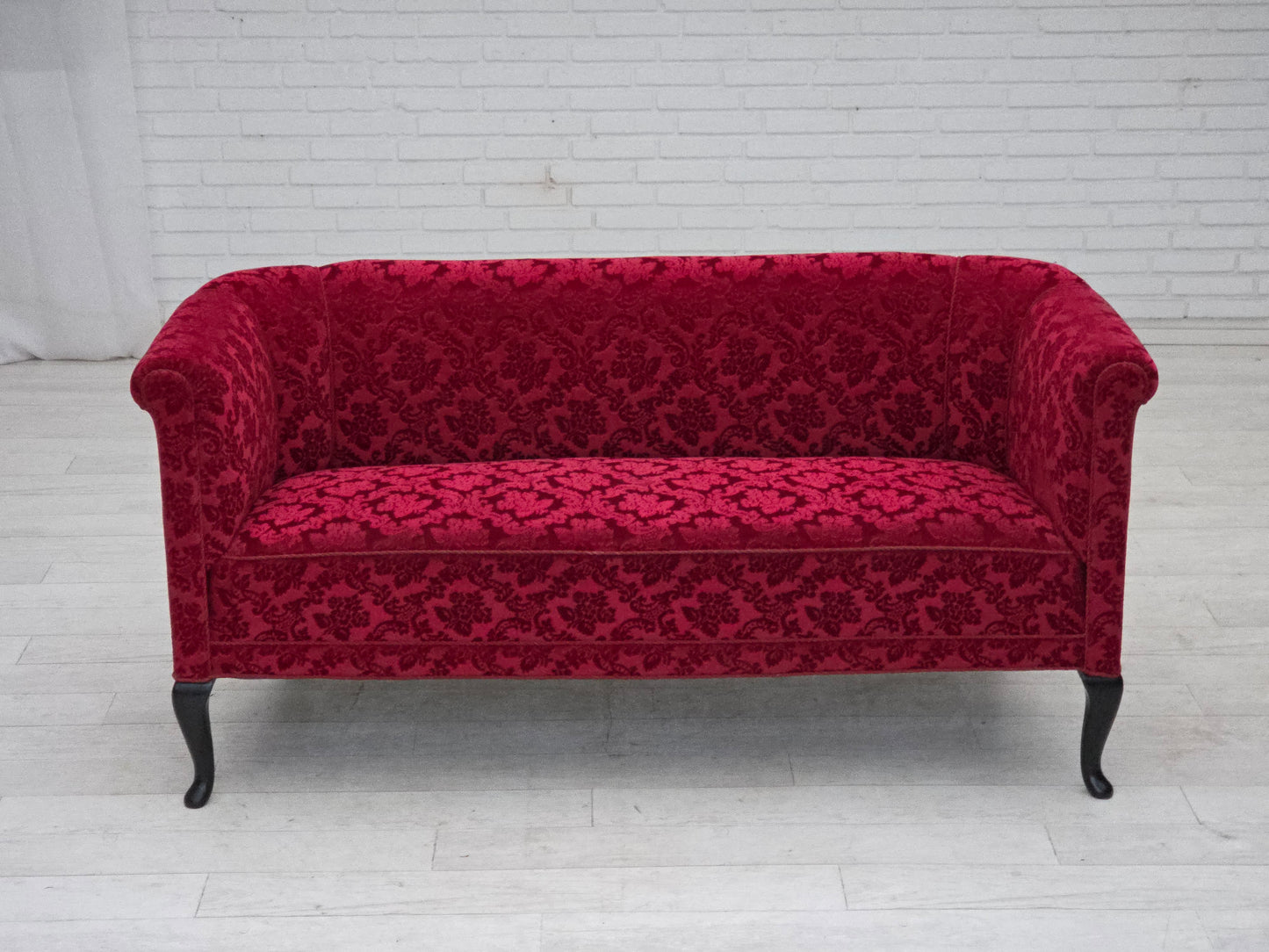 1950s, Danish 2-seater sofa, cherry-red furniture velour.