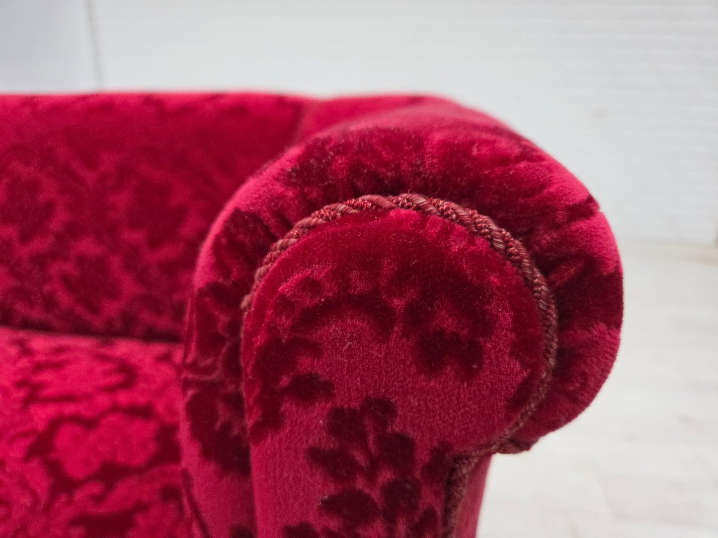 1950s, Danish 2-seater sofa, cherry-red furniture velour.