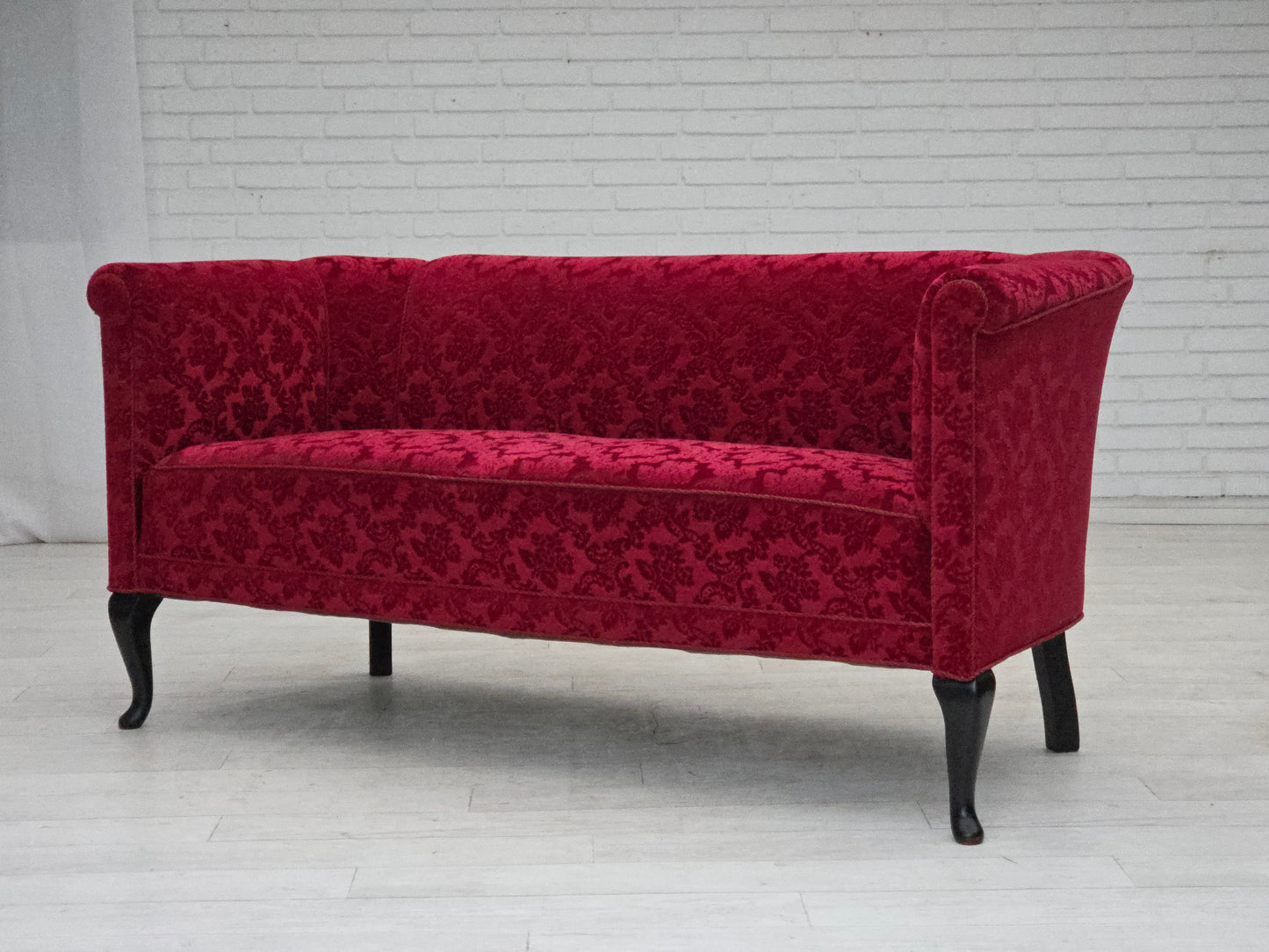 1950s, Danish 2-seater sofa, cherry-red furniture velour.