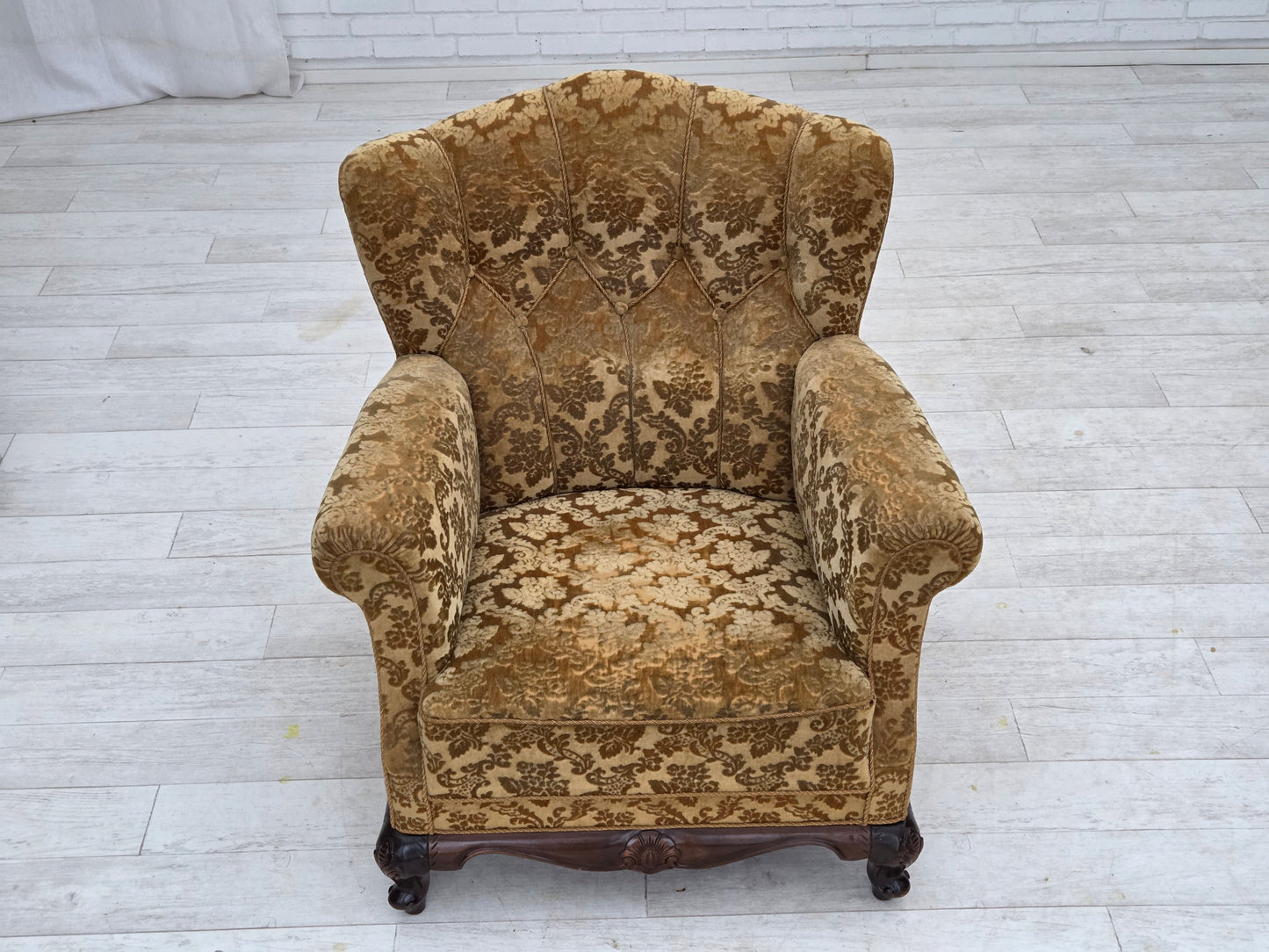 1950s, Danish relax armchair, furniture velour, carved oak wood.