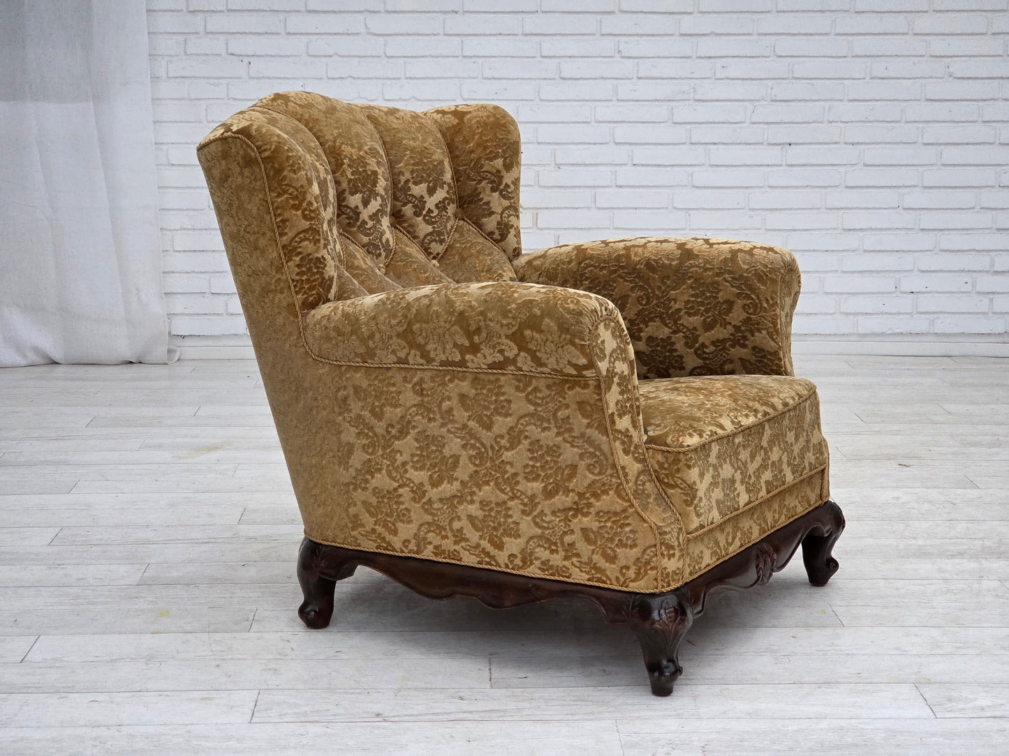 1950s, Danish relax armchair, furniture velour, carved oak wood.
