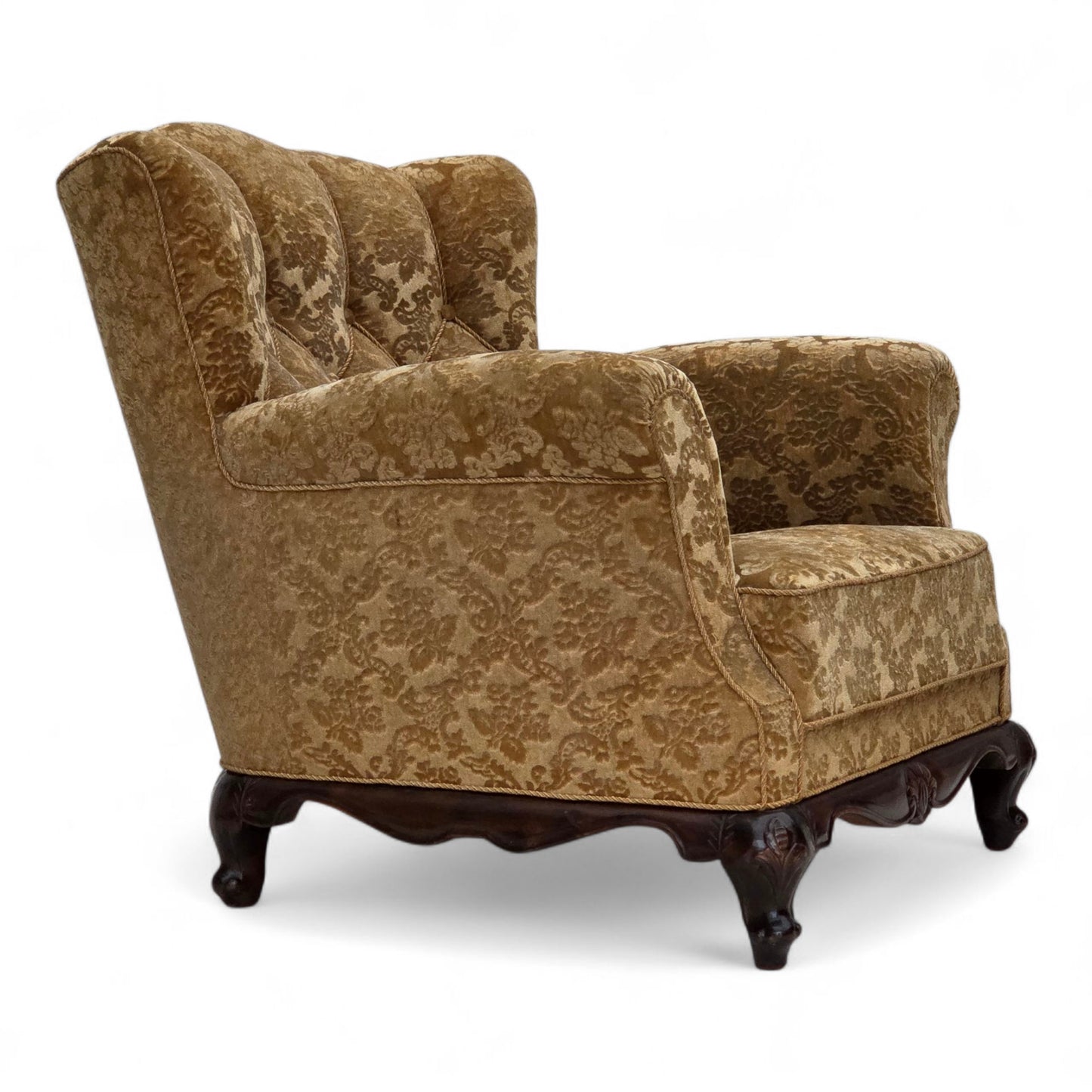 1950s, Danish relax armchair, furniture velour, carved oak wood.