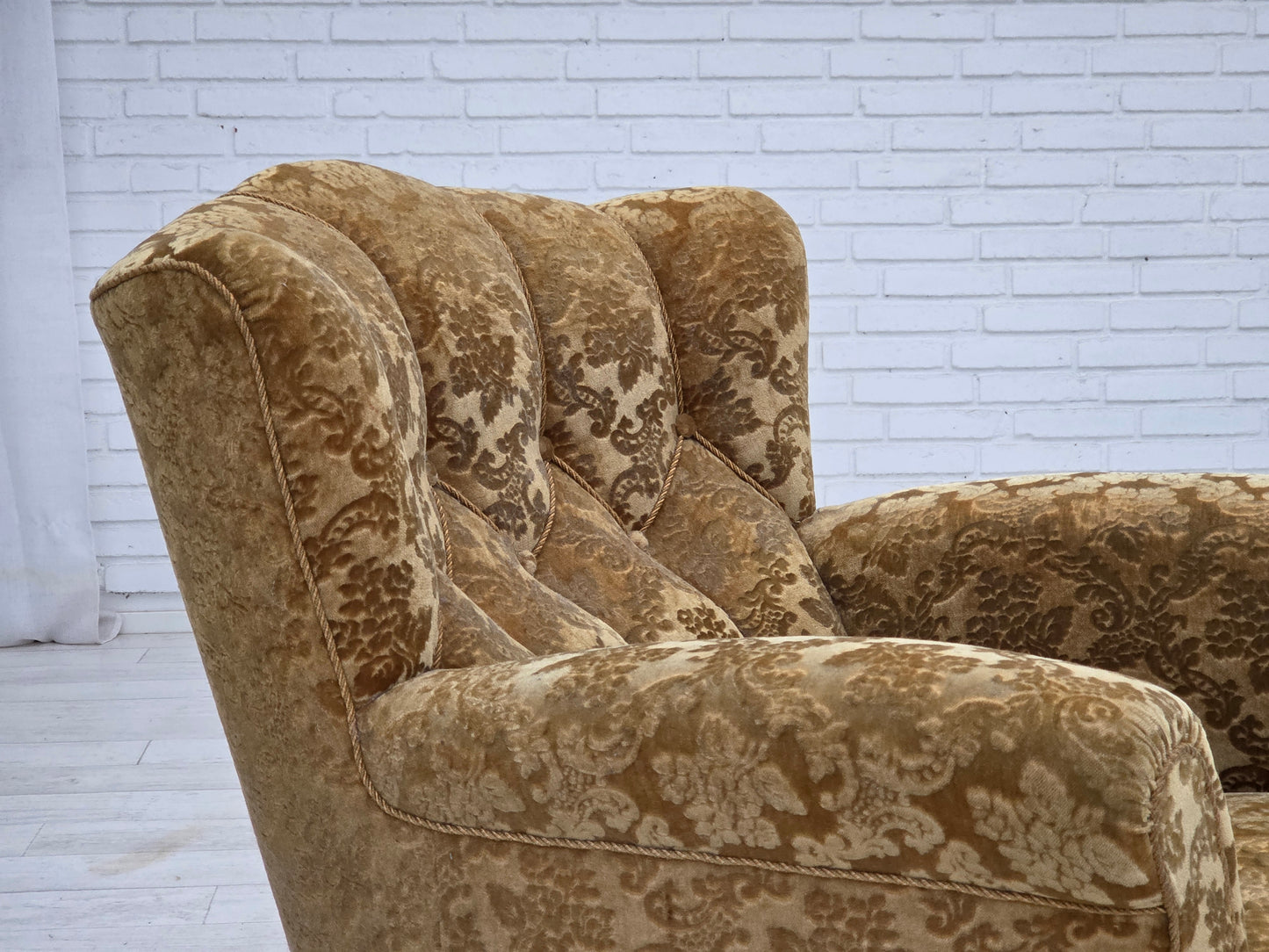 1950s, Danish relax armchair, furniture velour, carved oak wood.