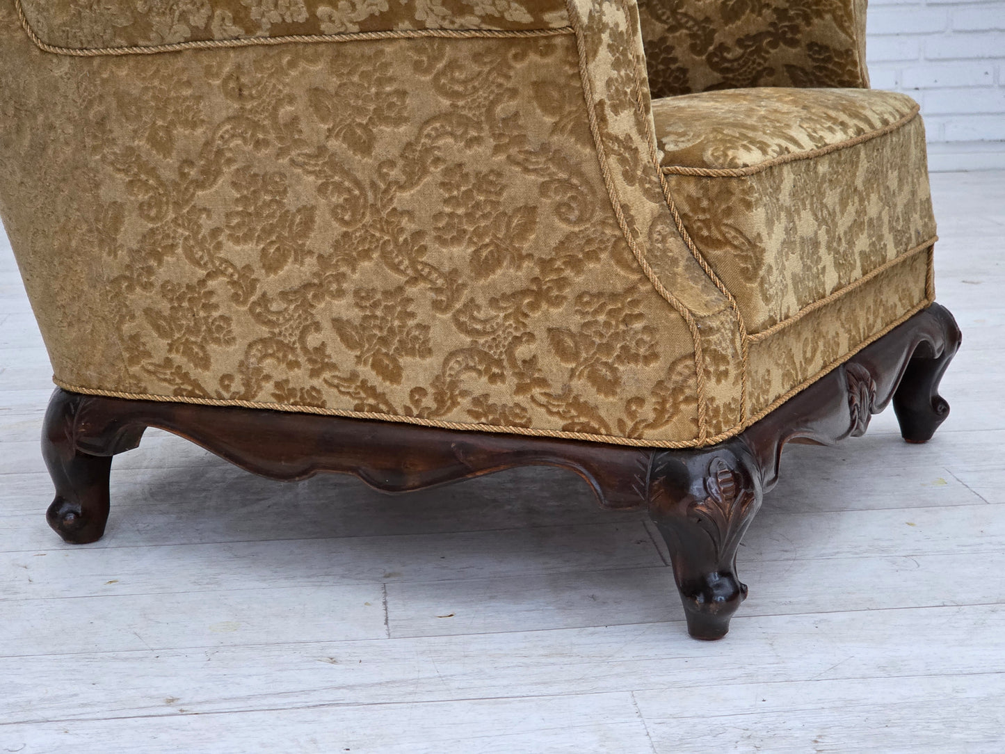 1950s, Danish relax armchair, furniture velour, carved oak wood.