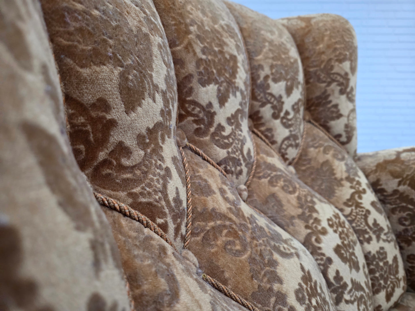 1950s, Danish relax armchair, furniture velour, carved oak wood.