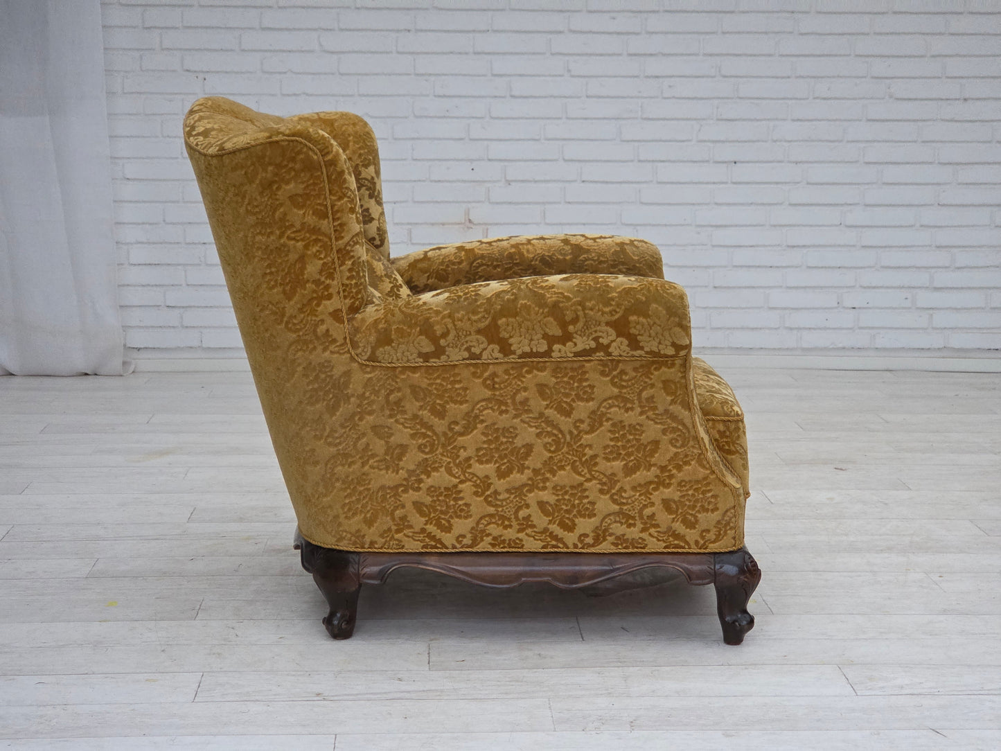 1950s, Danish relax armchair, furniture velour, carved oak wood.