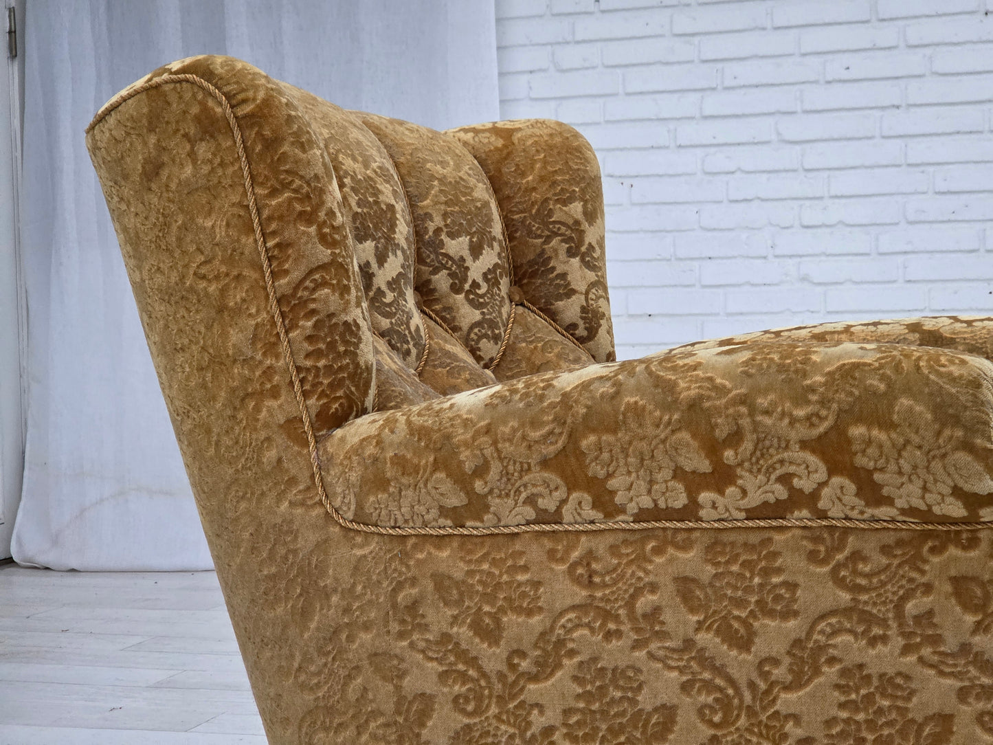 1950s, Danish relax armchair, furniture velour, carved oak wood.