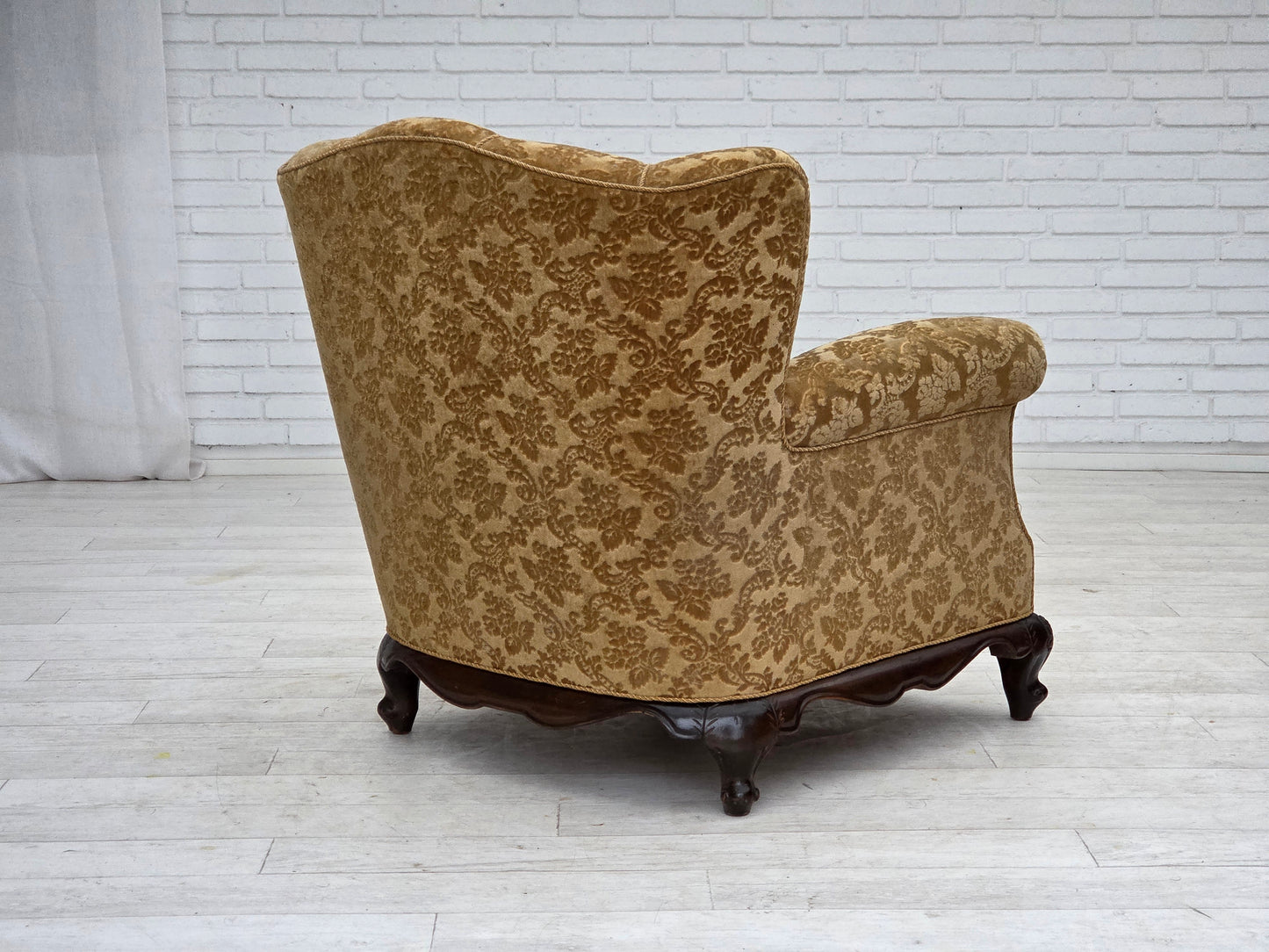 1950s, Danish relax armchair, furniture velour, carved oak wood.