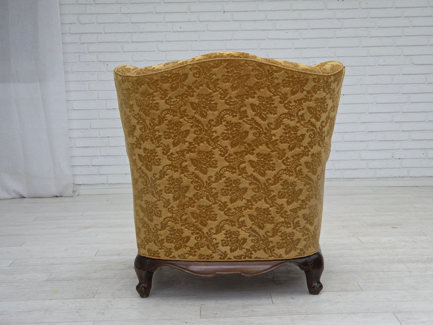 1950s, Danish relax armchair, furniture velour, carved oak wood.