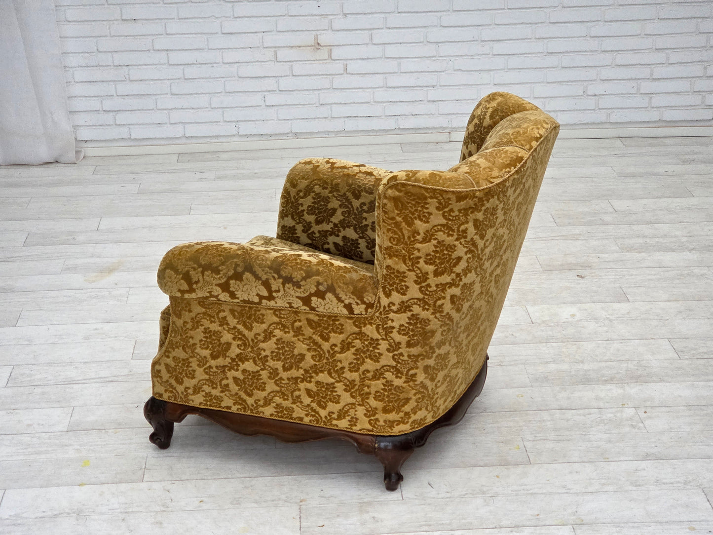1950s, Danish relax armchair, furniture velour, carved oak wood.