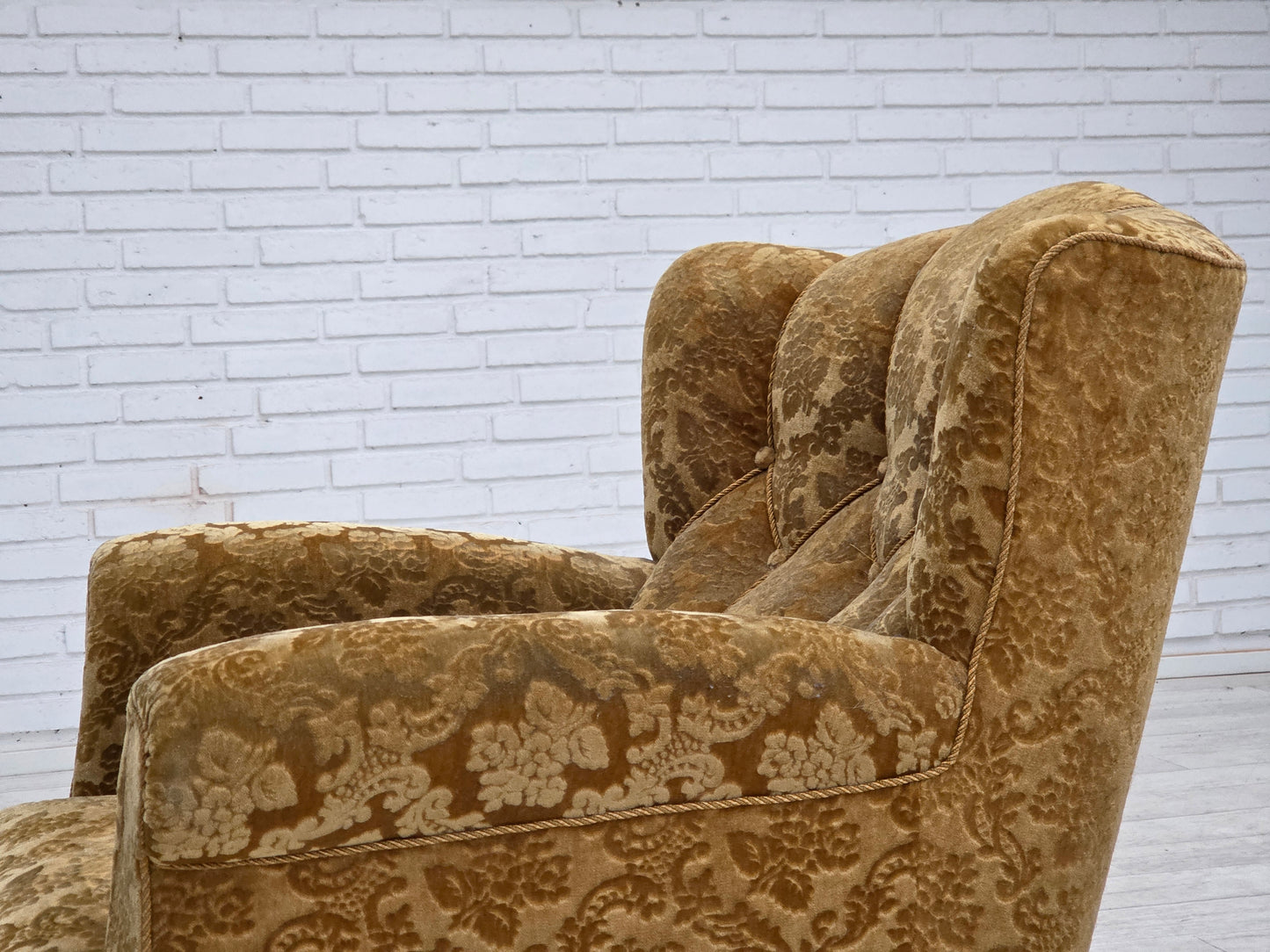 1950s, Danish relax armchair, furniture velour, carved oak wood.