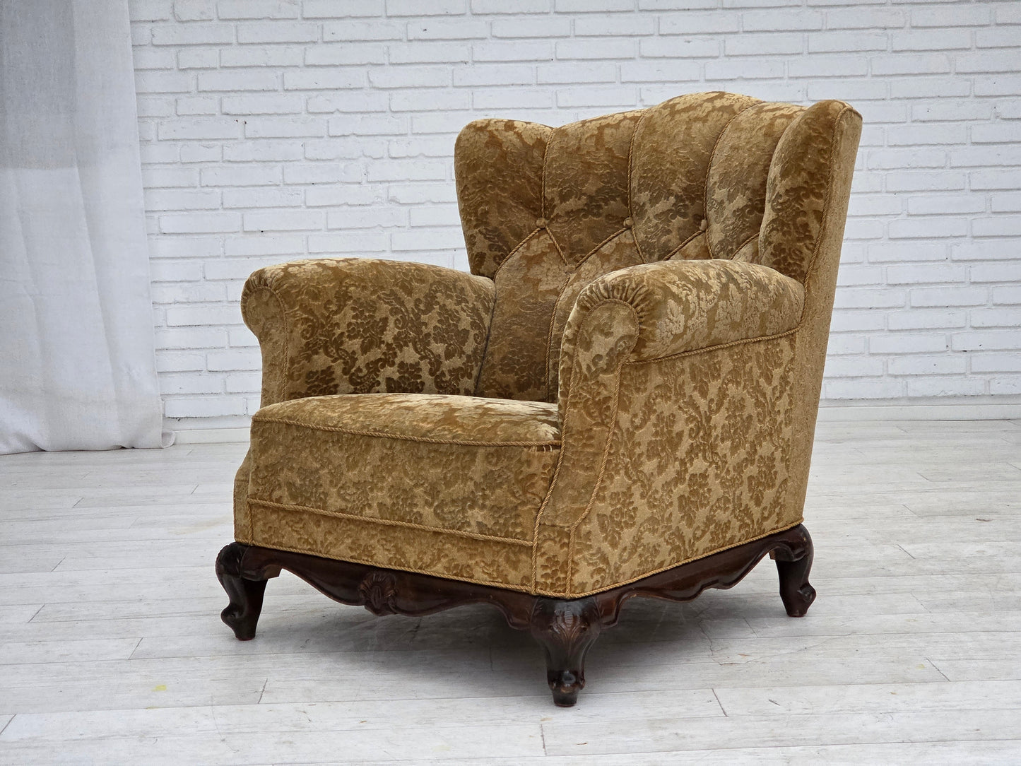 1950s, Danish relax armchair, furniture velour, carved oak wood.