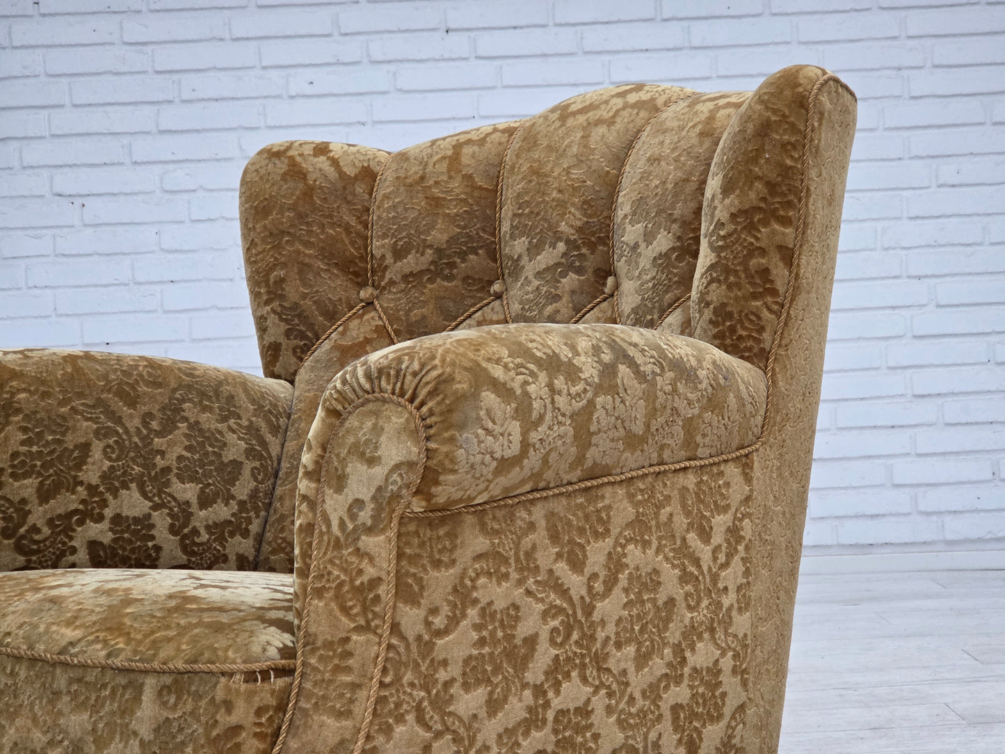 1950s, Danish relax armchair, furniture velour, carved oak wood.