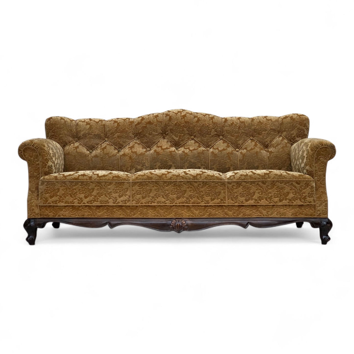 1950s, Danish 3-seater sofa, furniture velour, carved oak wood.