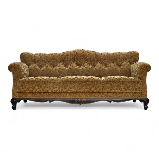 1950s, Danish 3-seater sofa, furniture velour, carved oak wood.