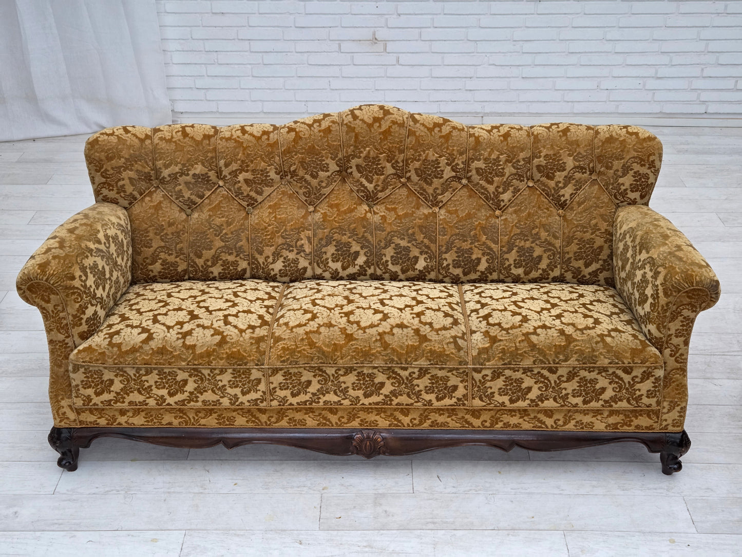 1950s, Danish 3-seater sofa, furniture velour, carved oak wood.