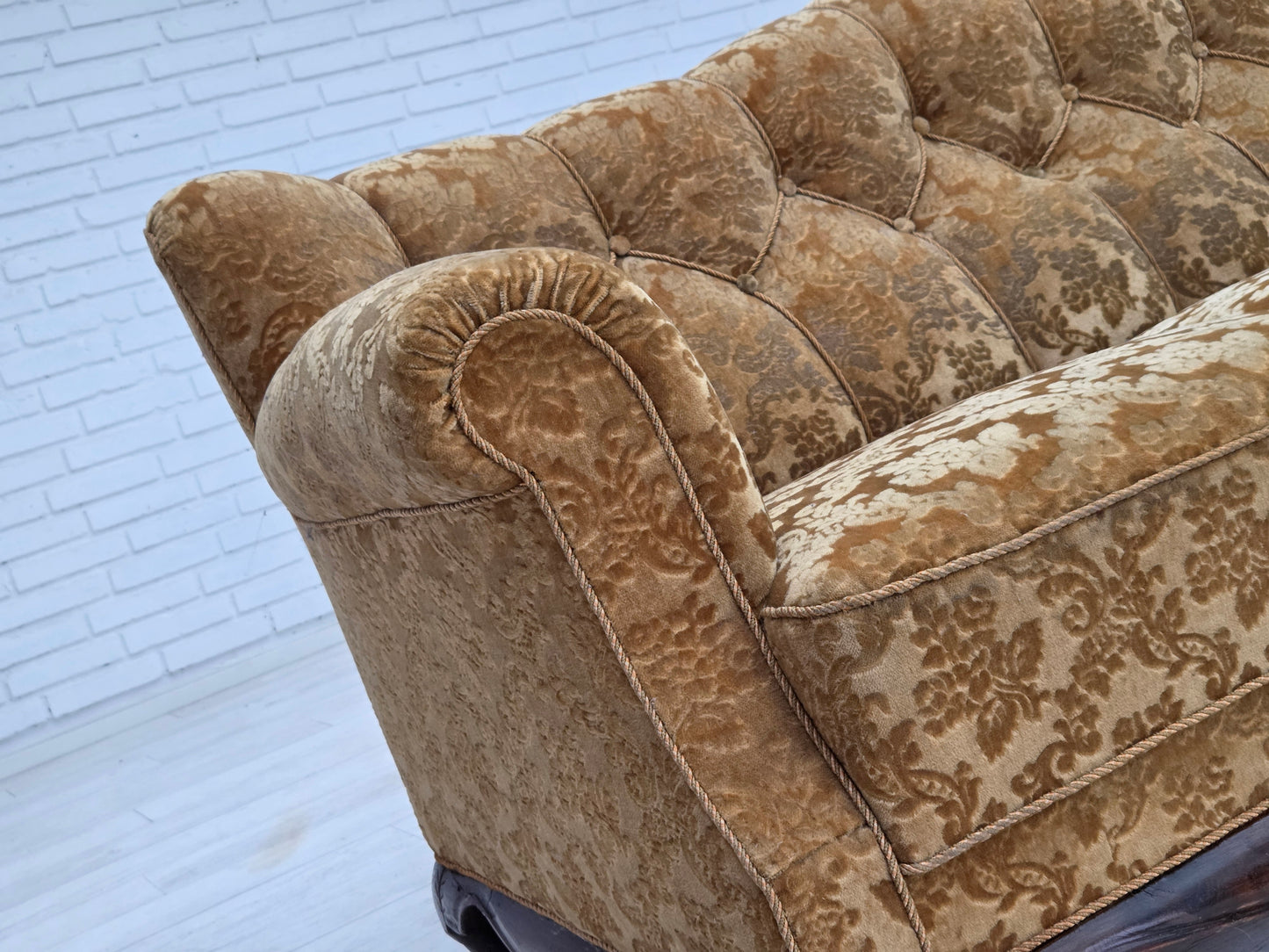 1950s, Danish 3-seater sofa, furniture velour, carved oak wood.