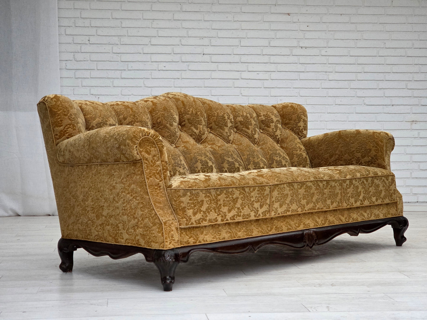 1950s, Danish 3-seater sofa, furniture velour, carved oak wood.