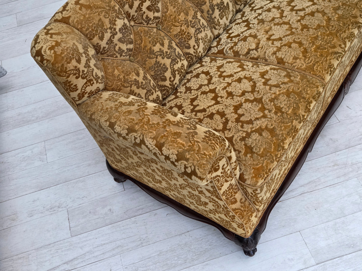 1950s, Danish 3-seater sofa, furniture velour, carved oak wood.