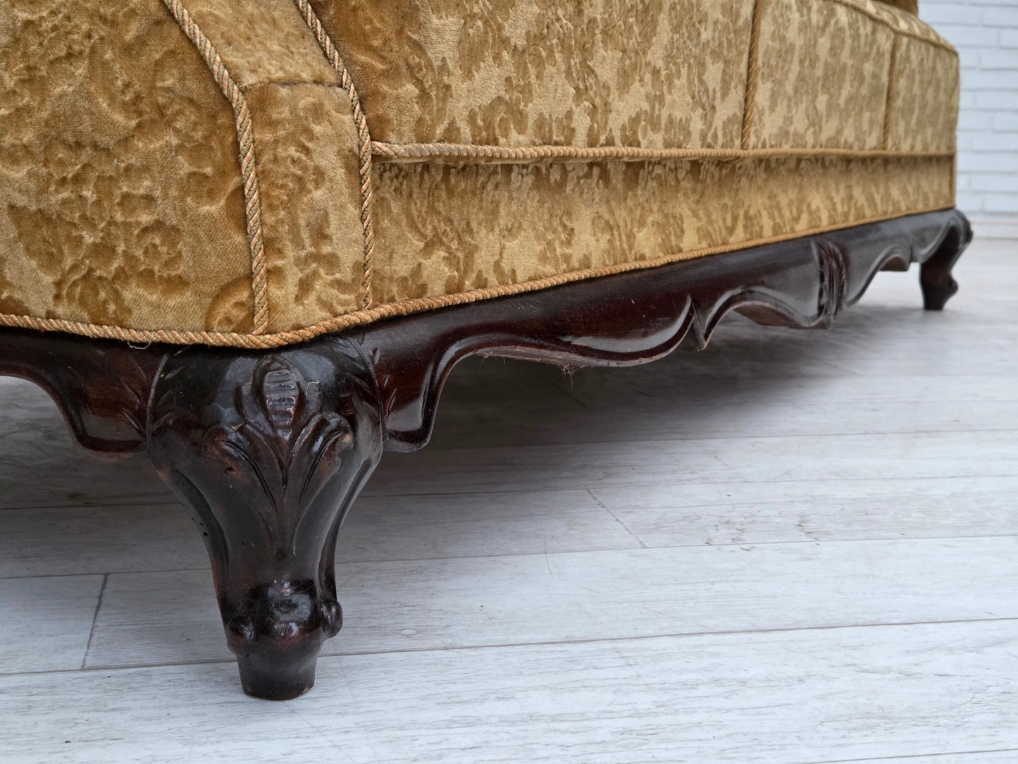 1950s, Danish 3-seater sofa, furniture velour, carved oak wood.