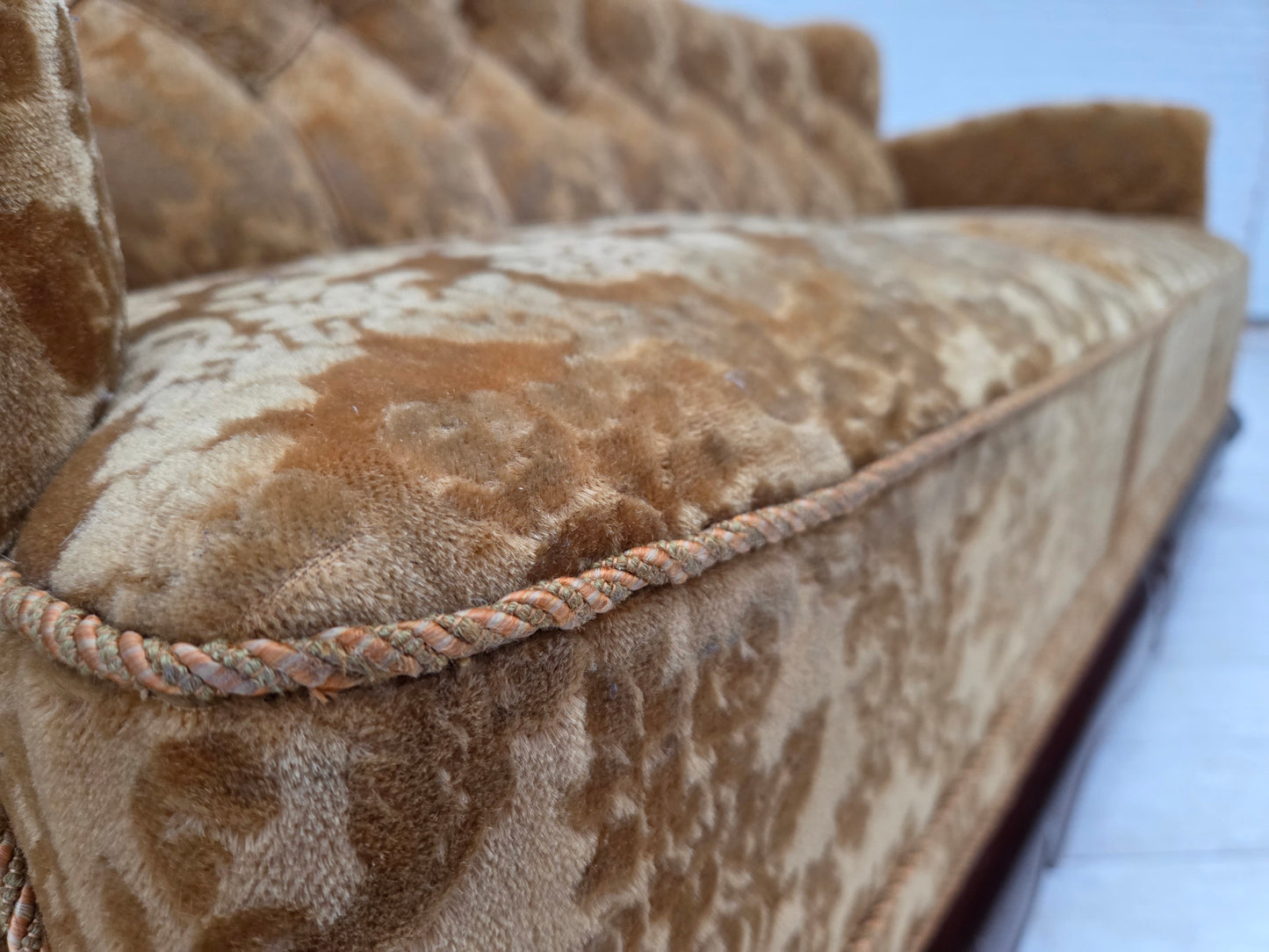 1950s, Danish 3-seater sofa, furniture velour, carved oak wood.