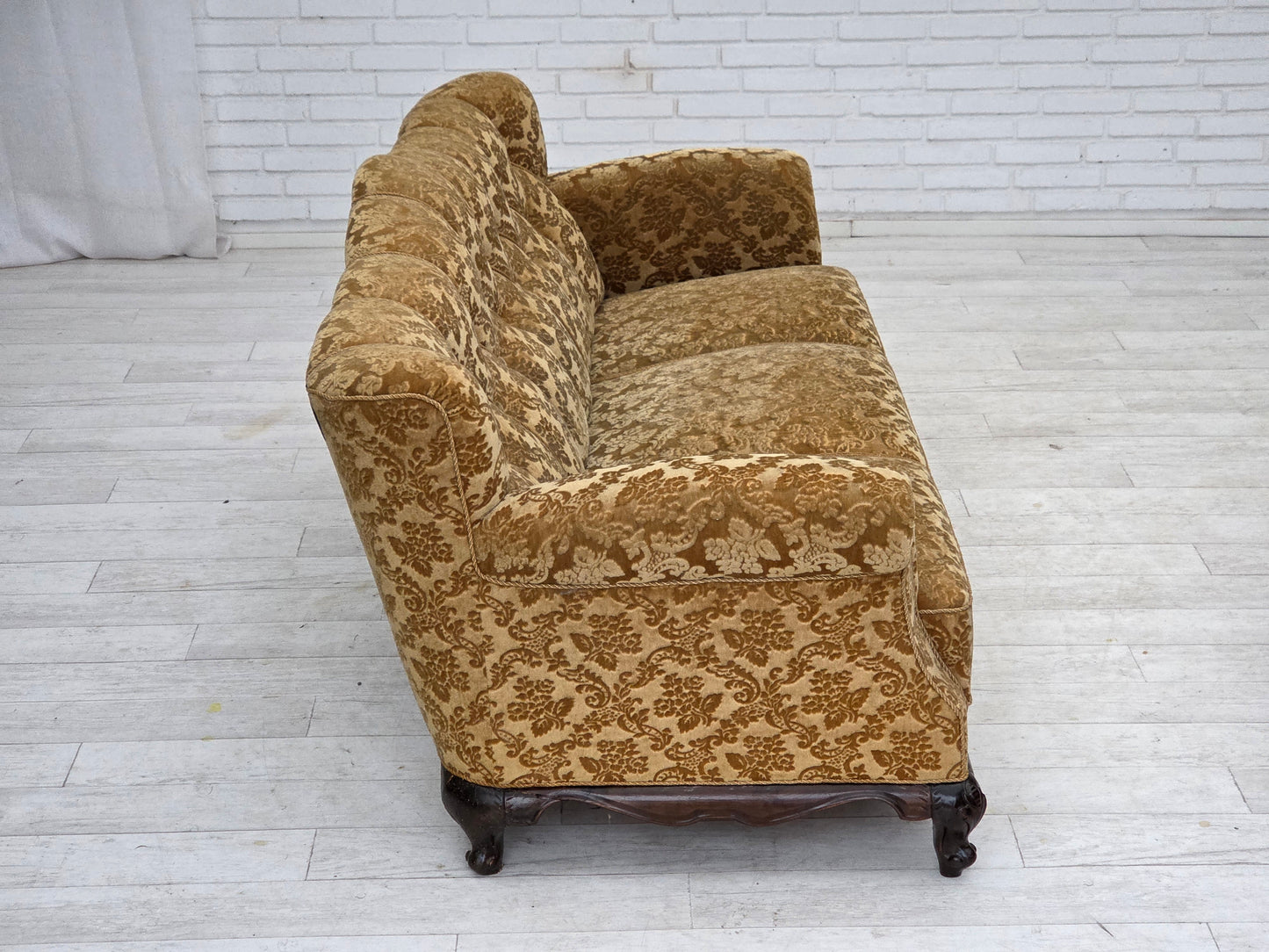 1950s, Danish 3-seater sofa, furniture velour, carved oak wood.