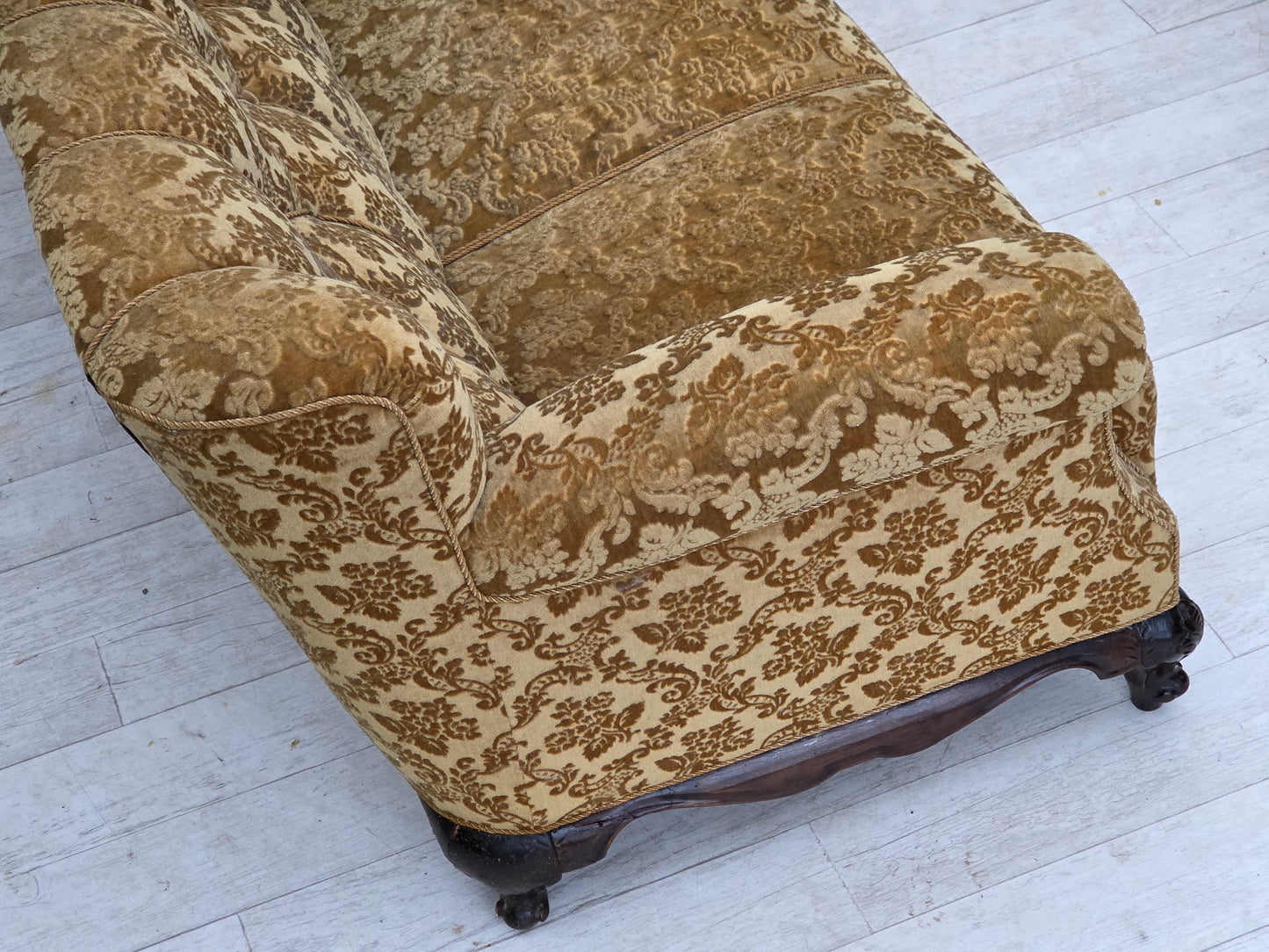 1950s, Danish 3-seater sofa, furniture velour, carved oak wood.