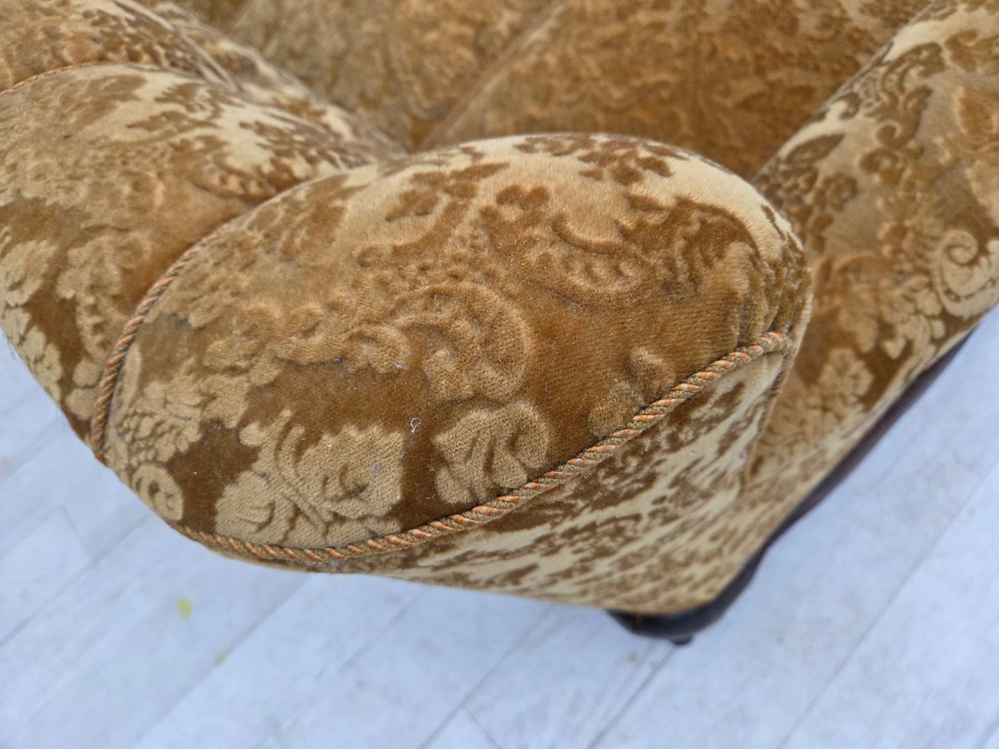 1950s, Danish 3-seater sofa, furniture velour, carved oak wood.