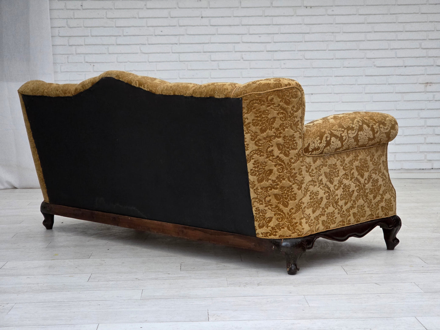 1950s, Danish 3-seater sofa, furniture velour, carved oak wood.