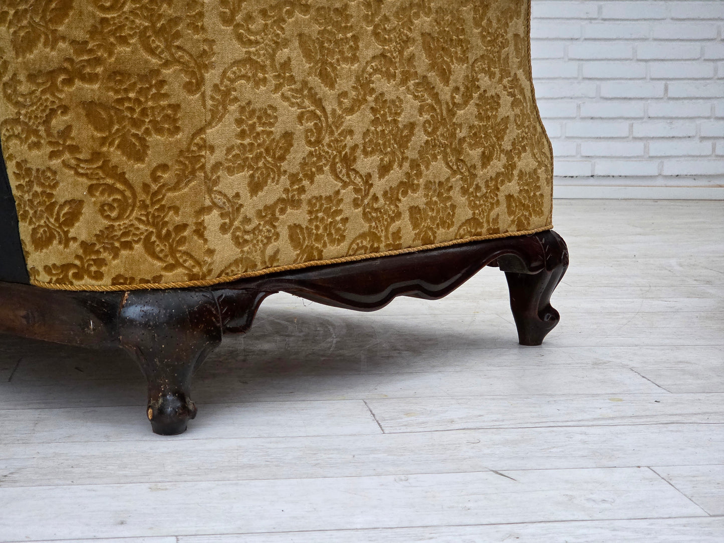 1950s, Danish 3-seater sofa, furniture velour, carved oak wood.