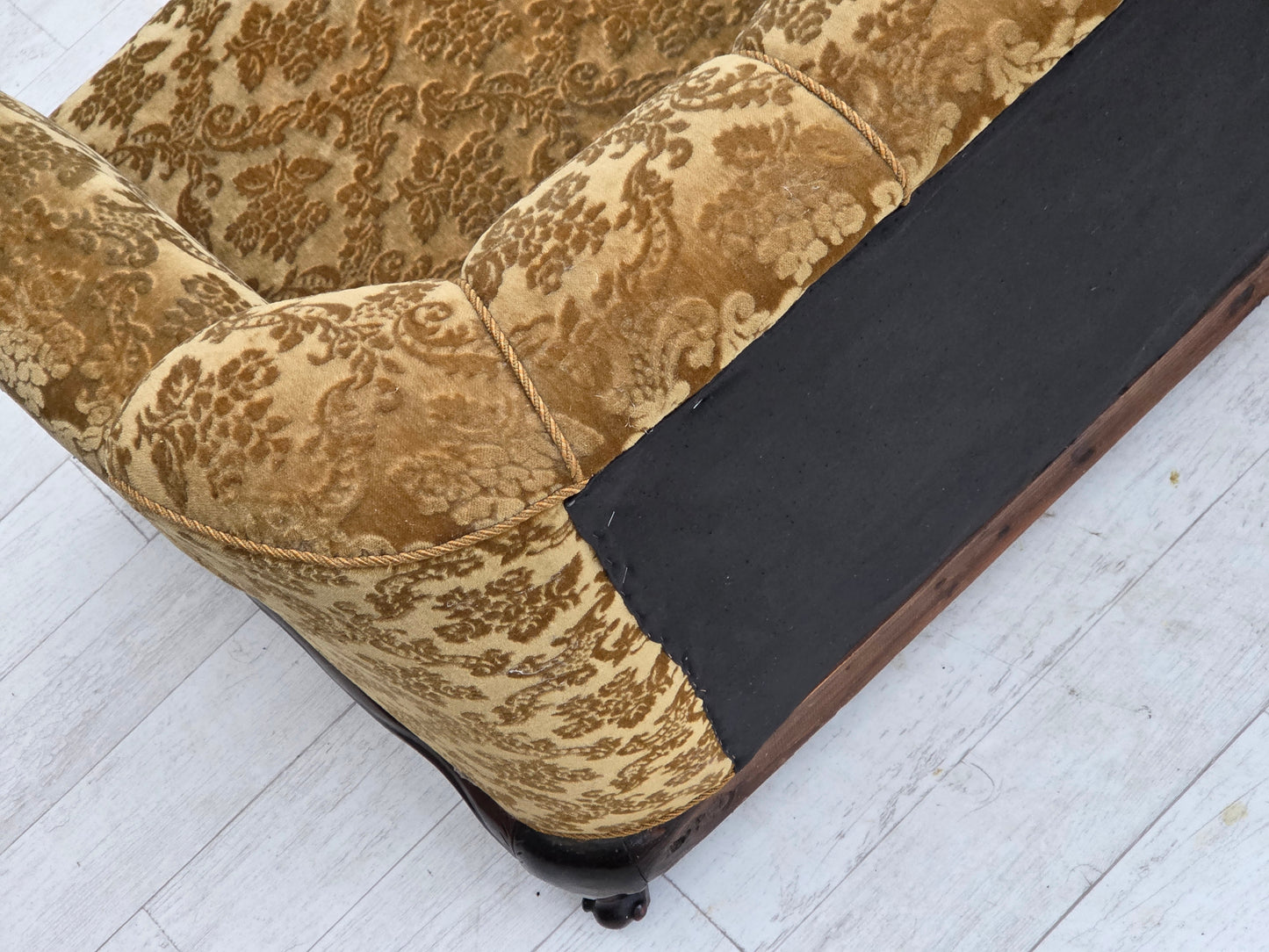 1950s, Danish 3-seater sofa, furniture velour, carved oak wood.