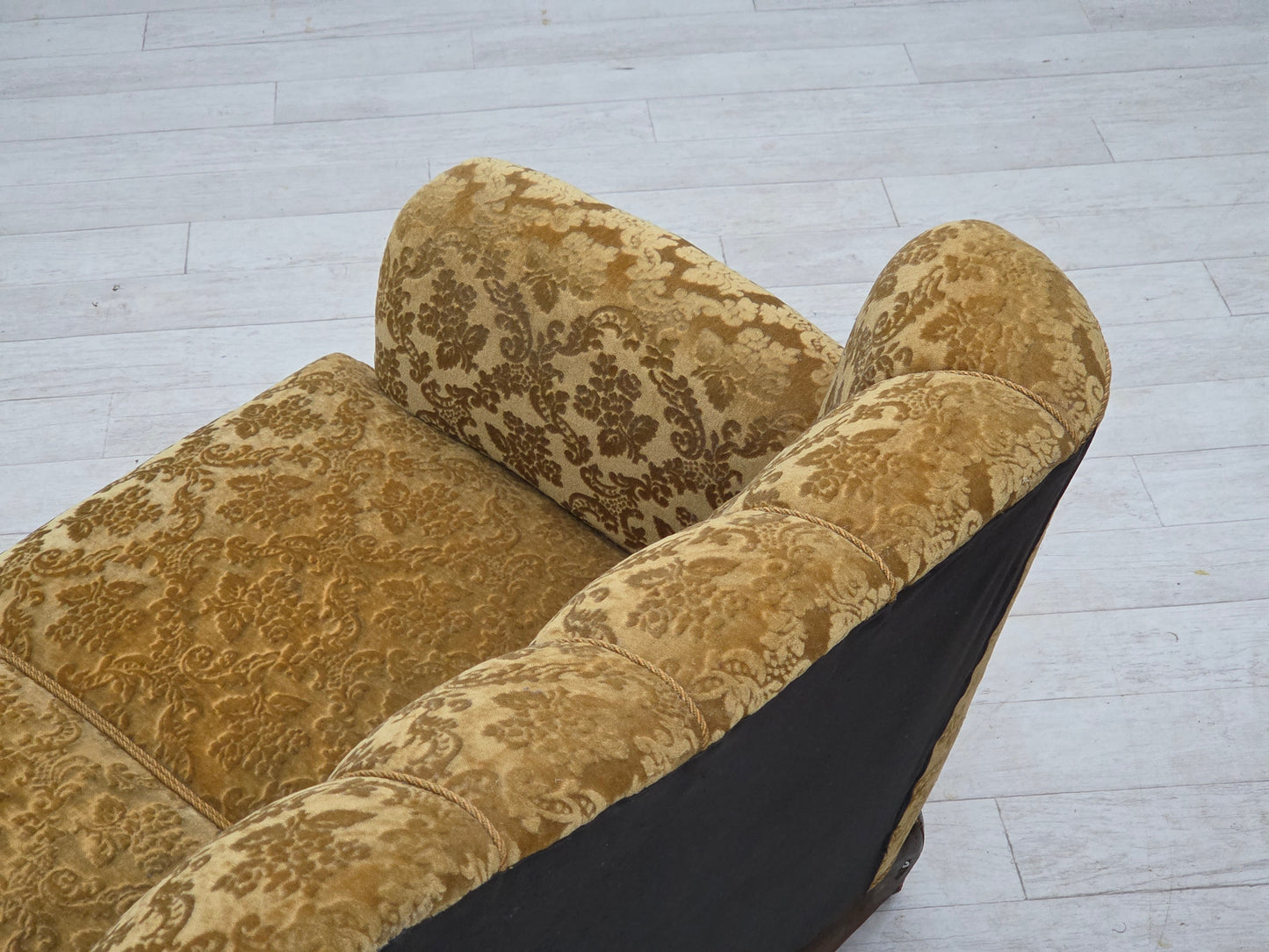 1950s, Danish 3-seater sofa, furniture velour, carved oak wood.