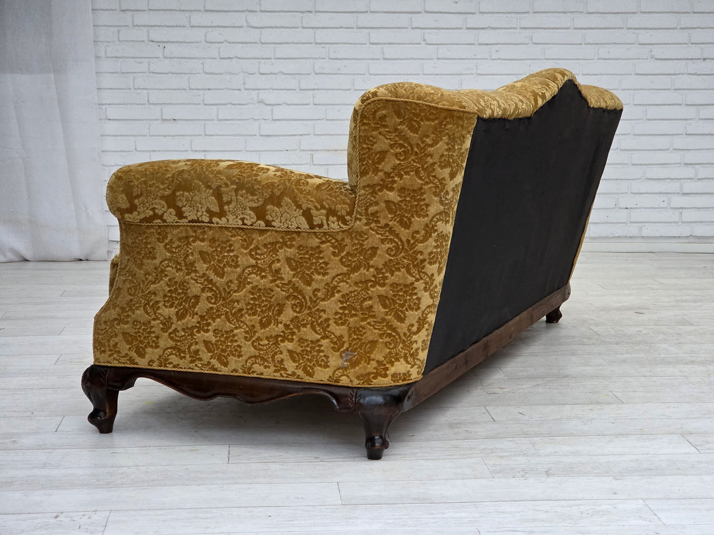 1950s, Danish 3-seater sofa, furniture velour, carved oak wood.