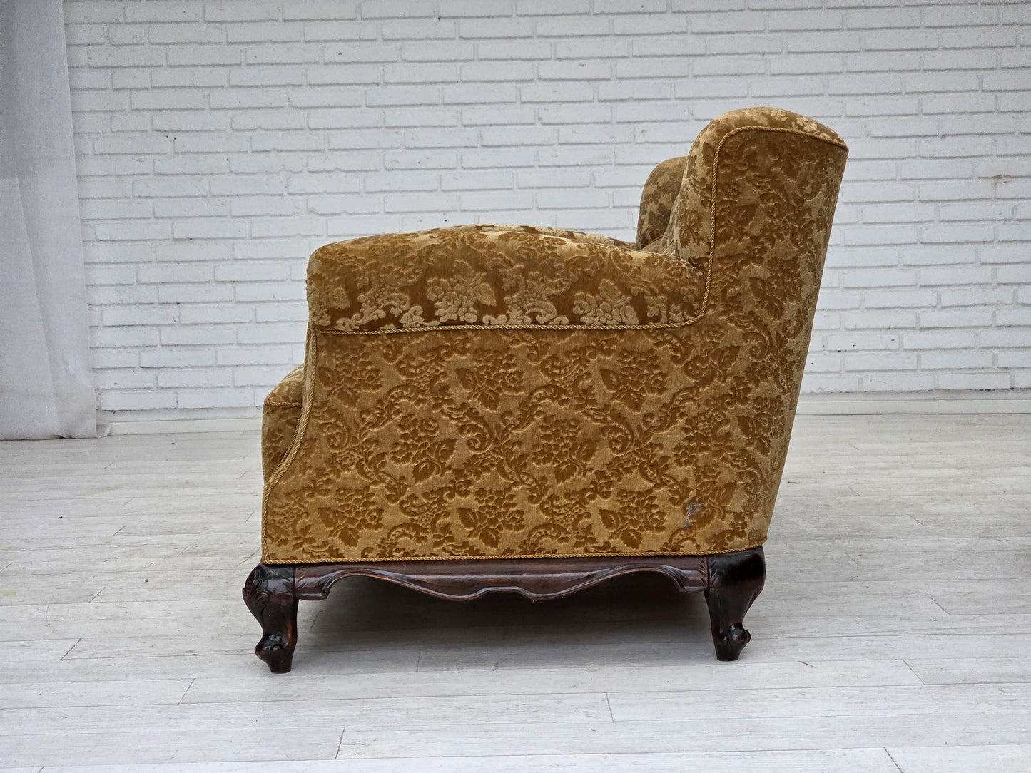 1950s, Danish 3-seater sofa, furniture velour, carved oak wood.
