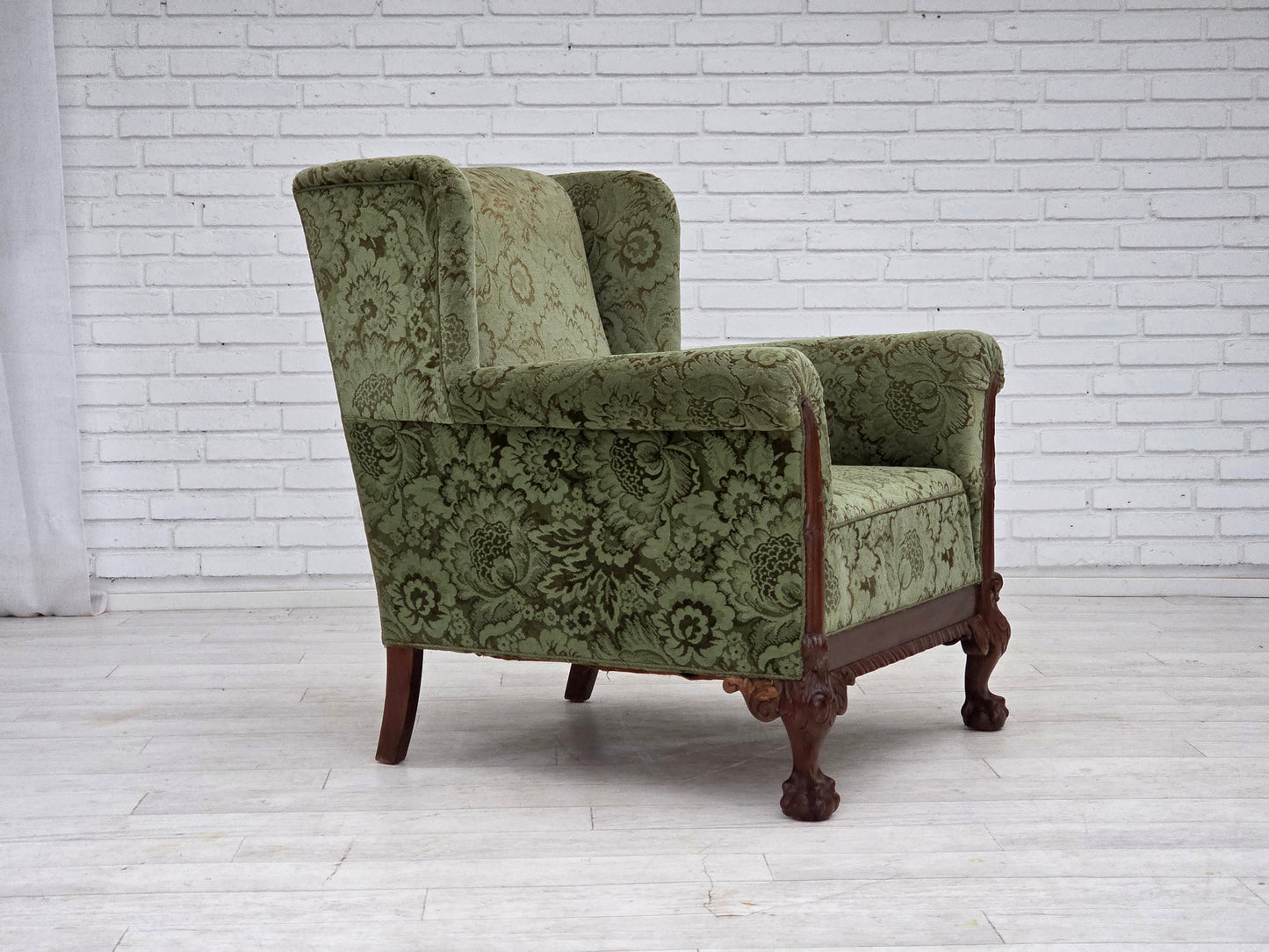 1950s, Danish relax armchair, green furniture velour, carved oak wood.