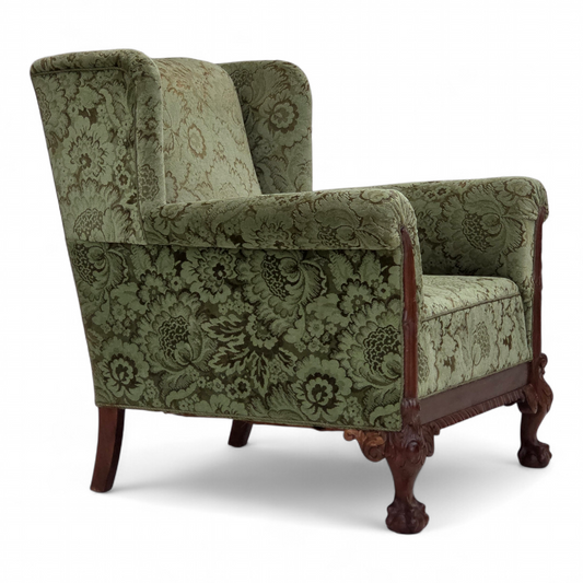 1950s, Danish relax armchair, green furniture velour, carved oak wood.